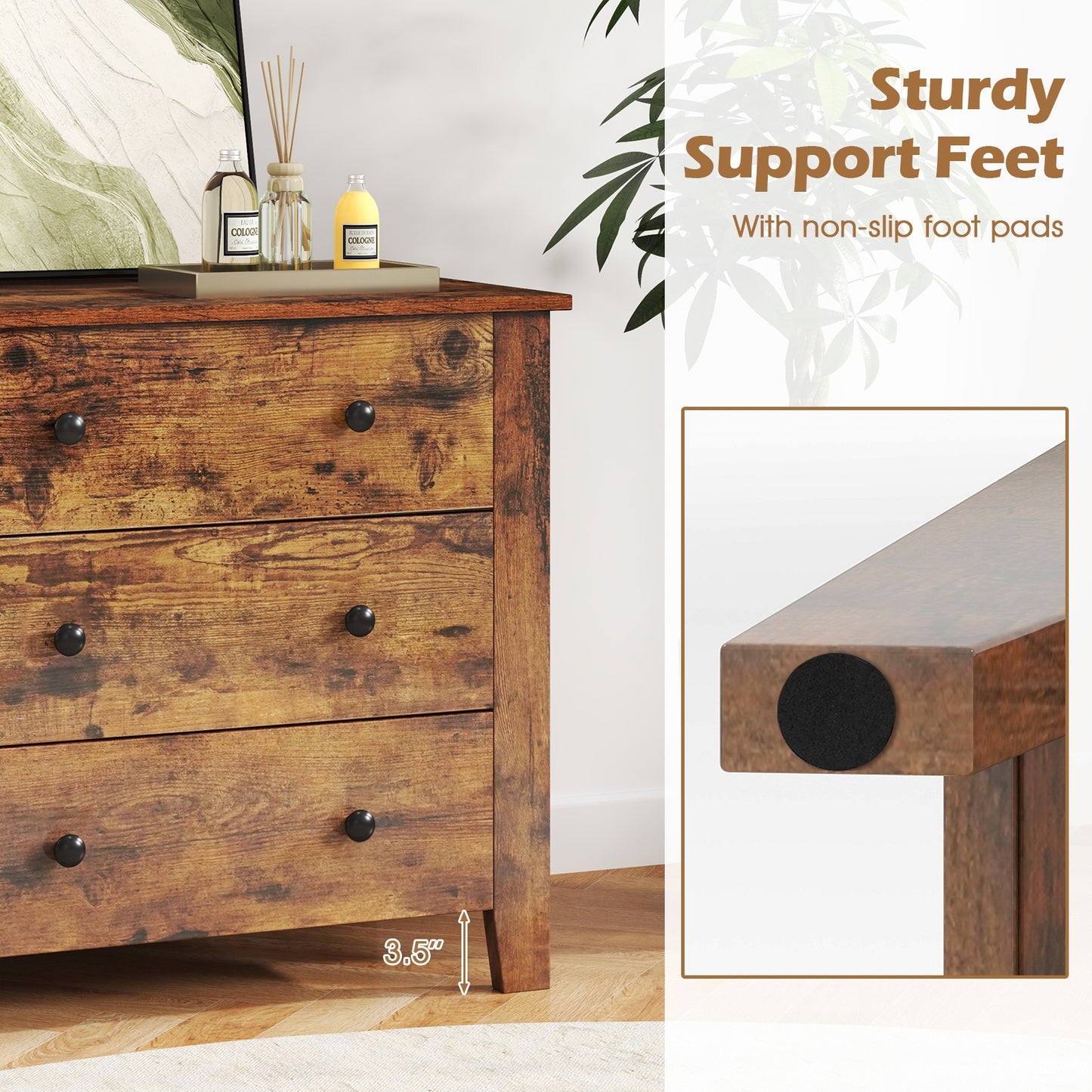 3-Drawer Storage Dresser Chest, Compact Bedside Table with Organizational Drawers – Rustic Brown