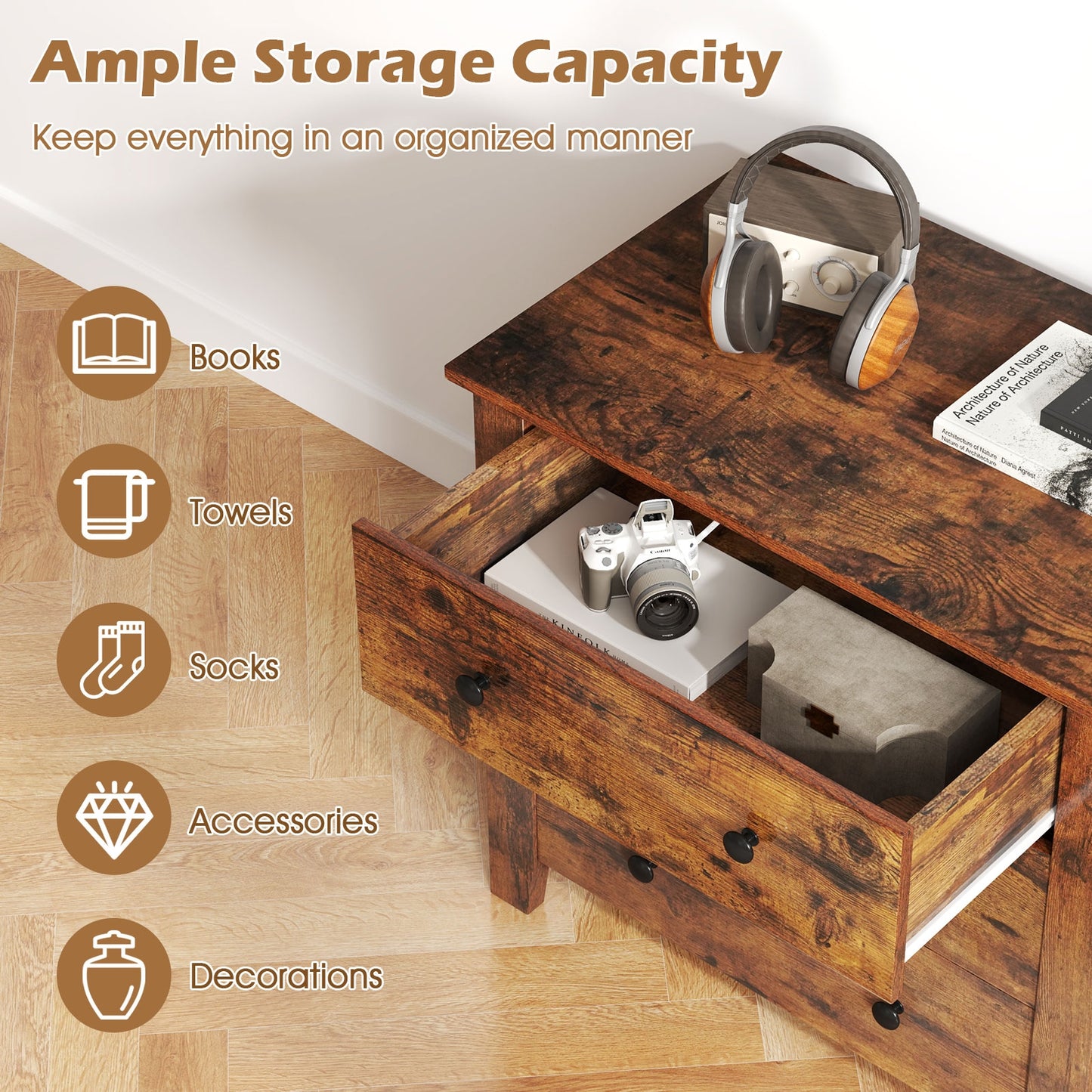 3-Drawer Storage Dresser Chest, Compact Bedside Table with Organizational Drawers – Rustic Brown