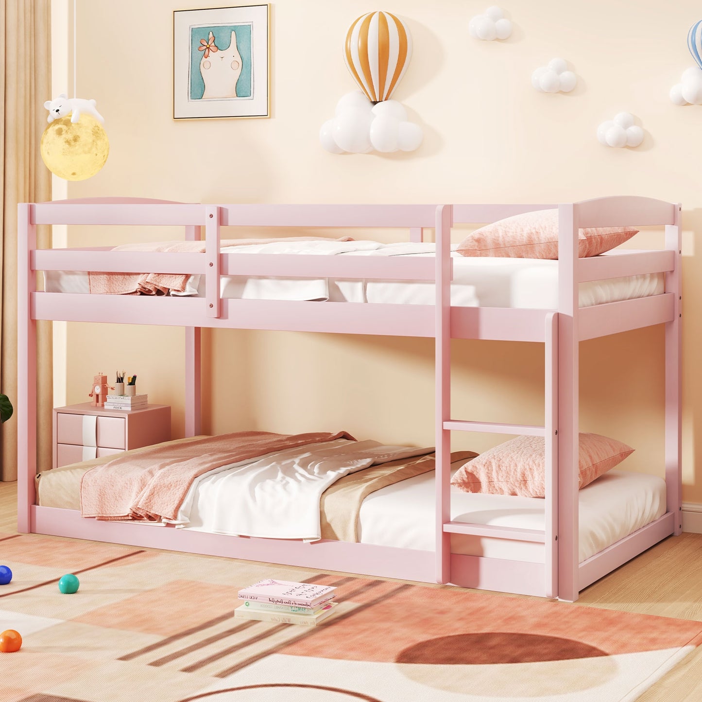Sturdy Twin Size Bunk Bed with High Safety Guardrails and Integrated Ladder - Pink