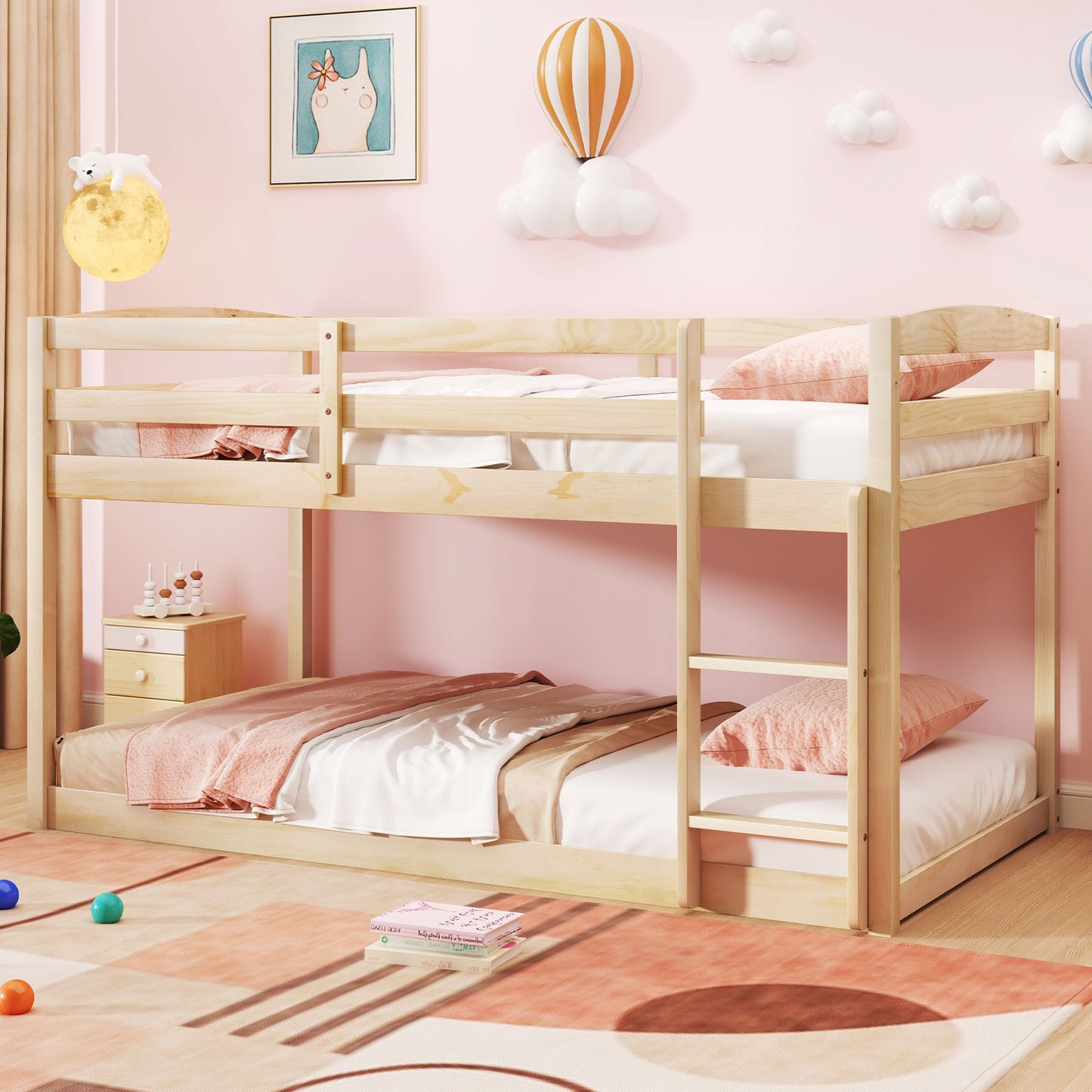 Sturdy Twin Size Bunk Bed with High Safety Guardrails and Integrated Ladder - Natural