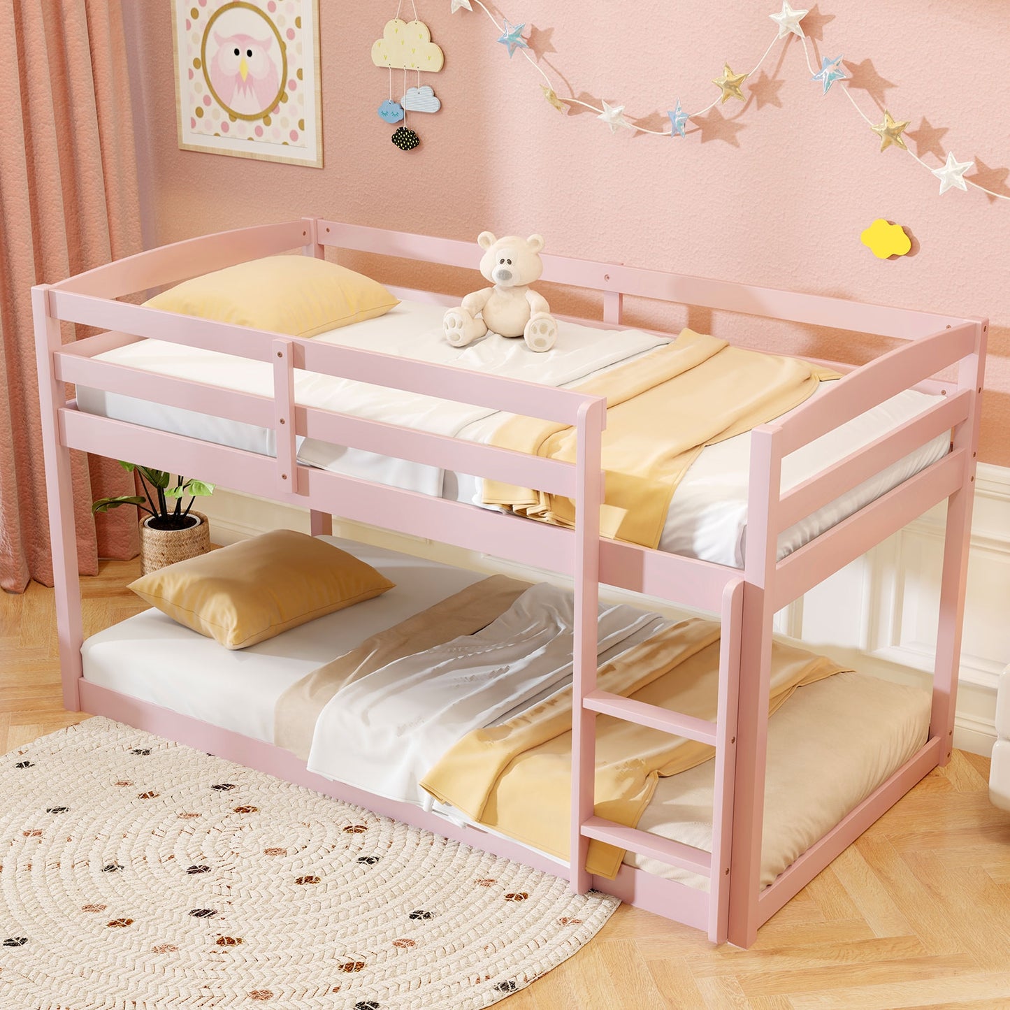 Sturdy Twin Size Bunk Bed with High Safety Guardrails and Integrated Ladder - Pink