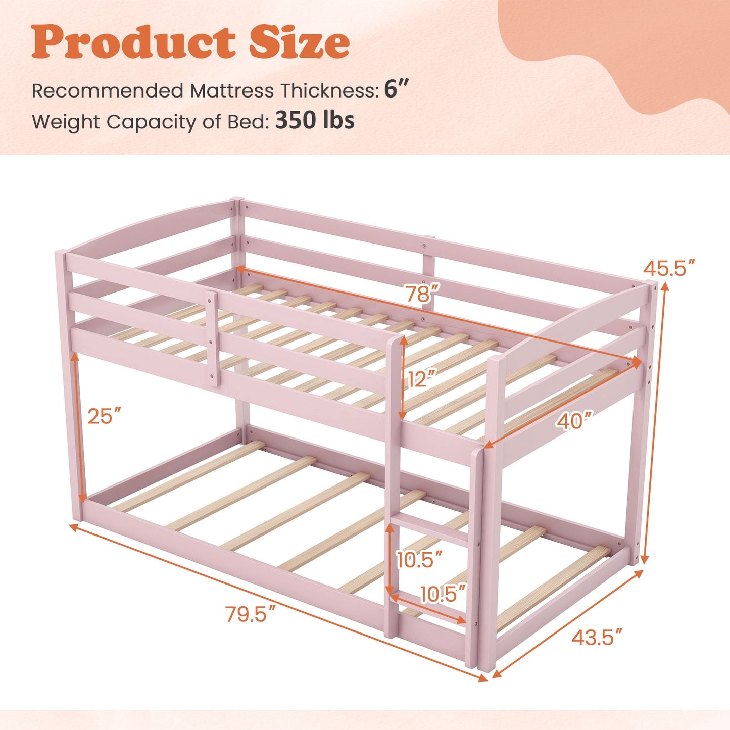 Sturdy Twin Size Bunk Bed with High Safety Guardrails and Integrated Ladder - Pink