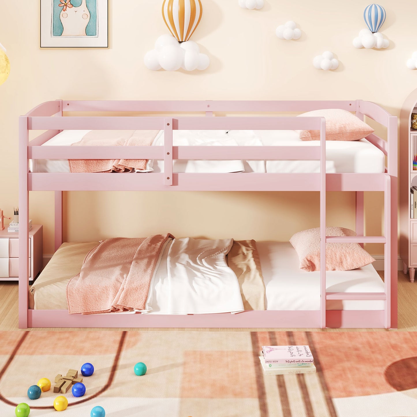 Sturdy Twin Size Bunk Bed with High Safety Guardrails and Integrated Ladder - Pink