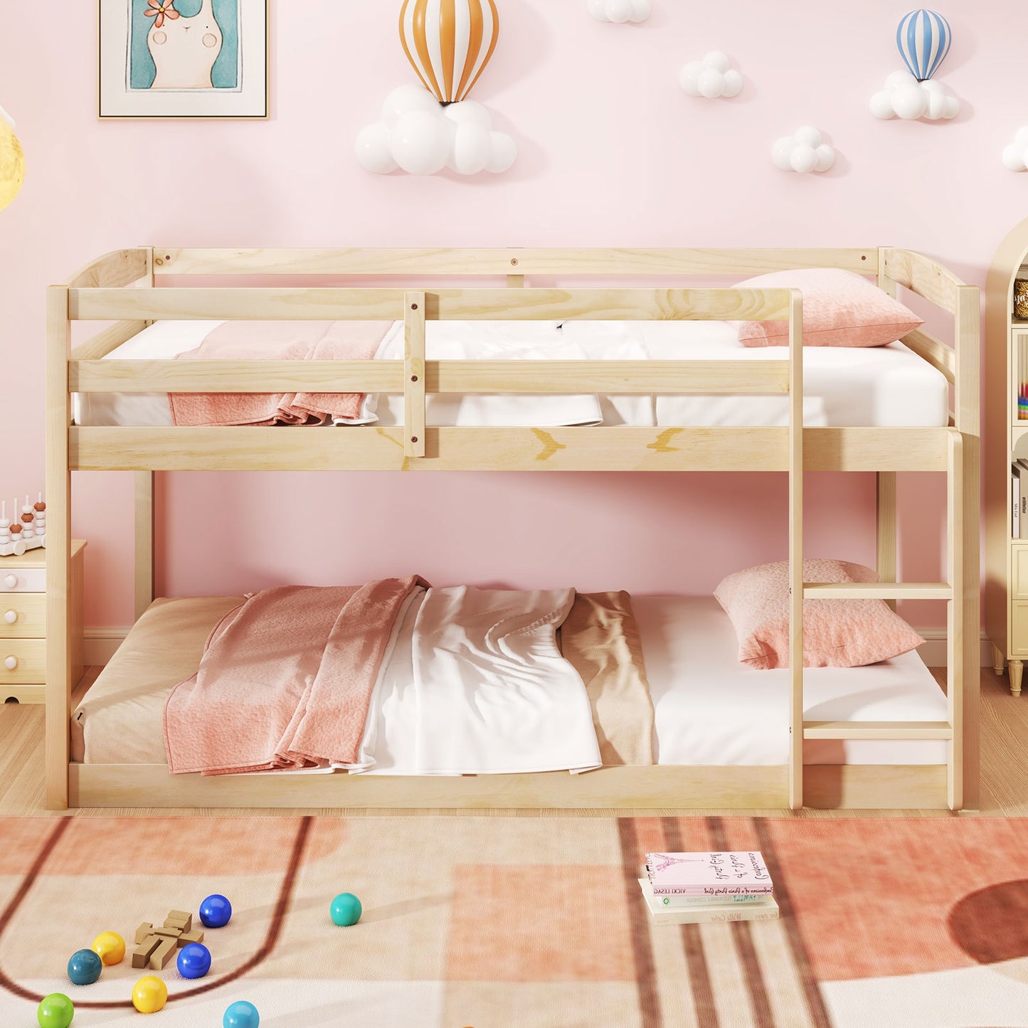 Sturdy Twin Size Bunk Bed with High Safety Guardrails and Integrated Ladder - Natural