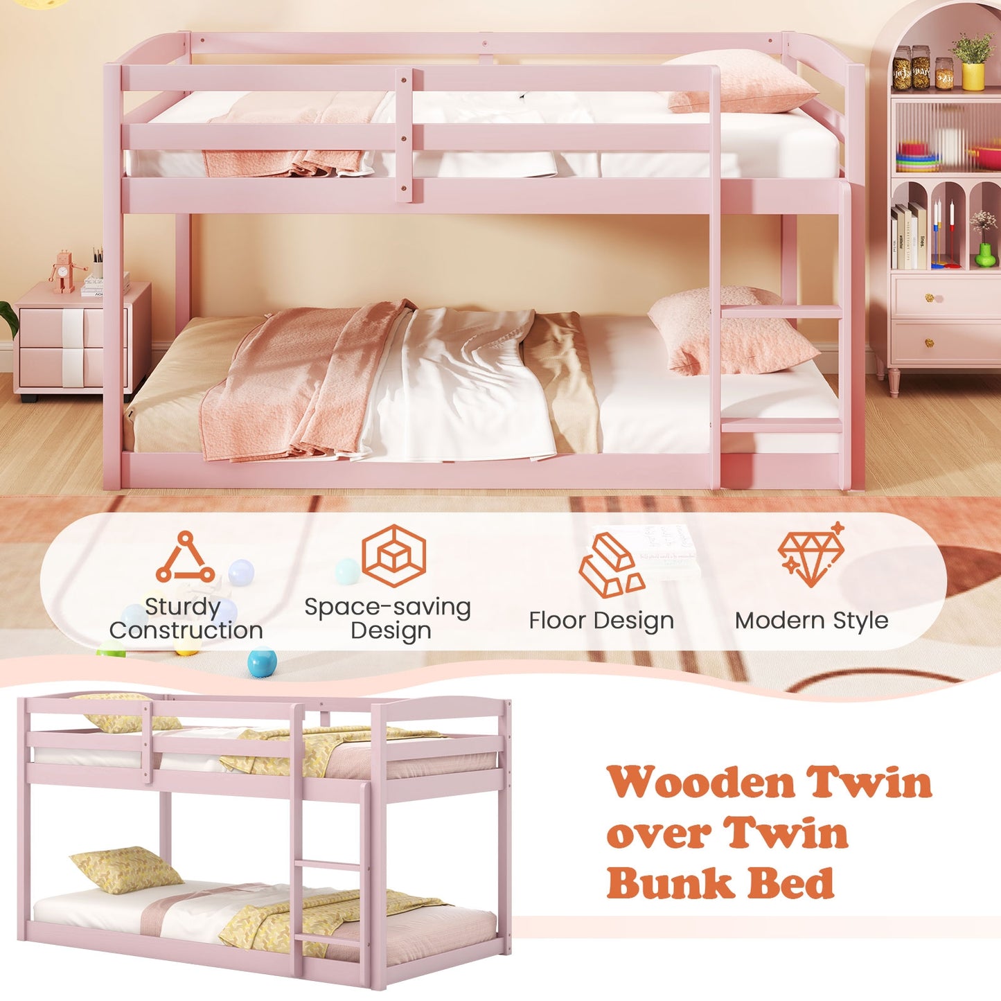 Sturdy Twin Size Bunk Bed with High Safety Guardrails and Integrated Ladder - Pink