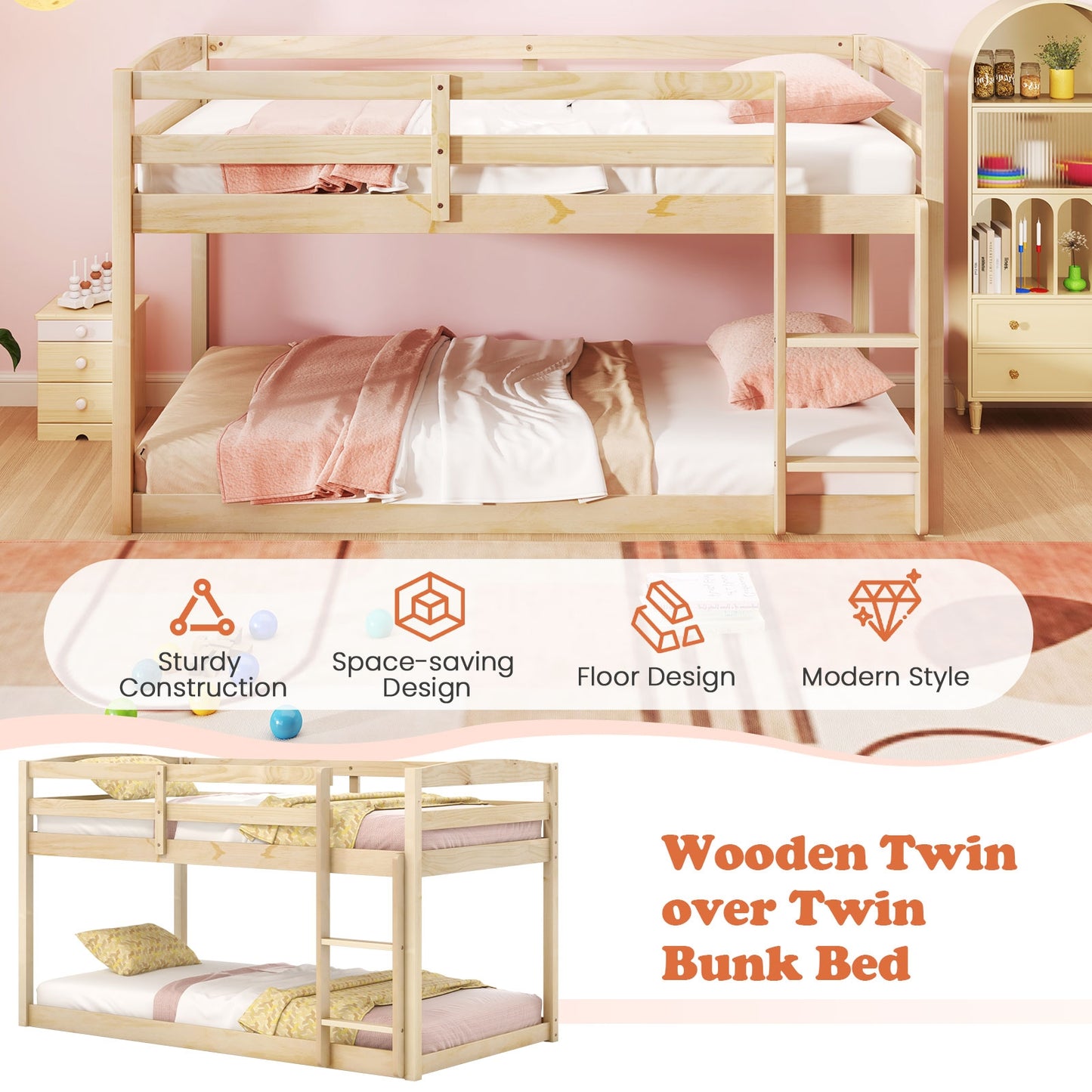 Sturdy Twin Size Bunk Bed with High Safety Guardrails and Integrated Ladder - Natural