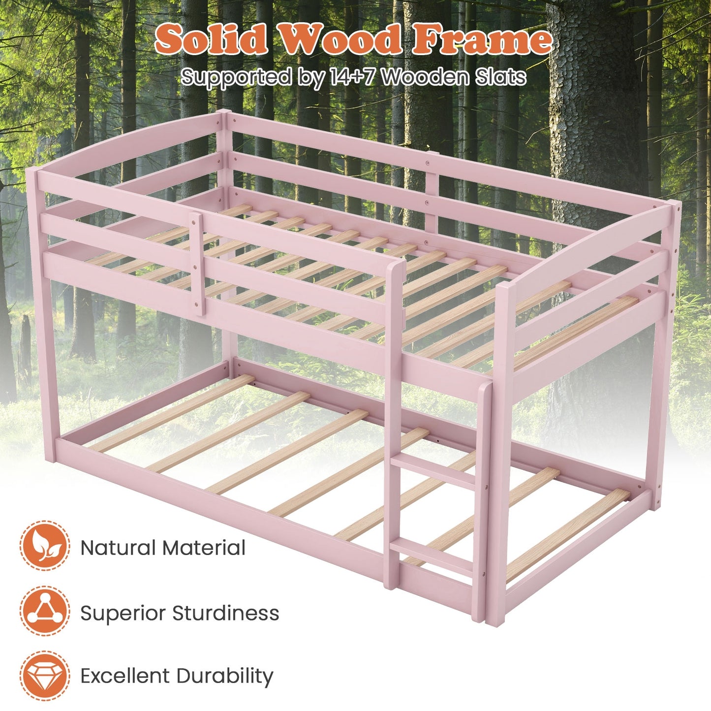 Sturdy Twin Size Bunk Bed with High Safety Guardrails and Integrated Ladder - Pink