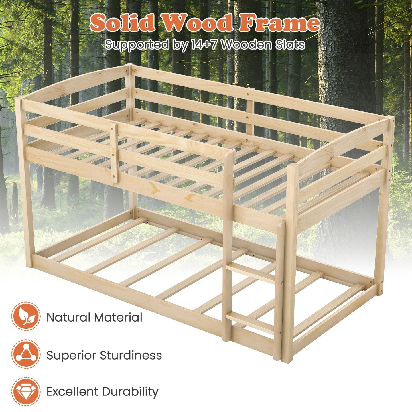 Sturdy Twin Size Bunk Bed with High Safety Guardrails and Integrated Ladder - Natural