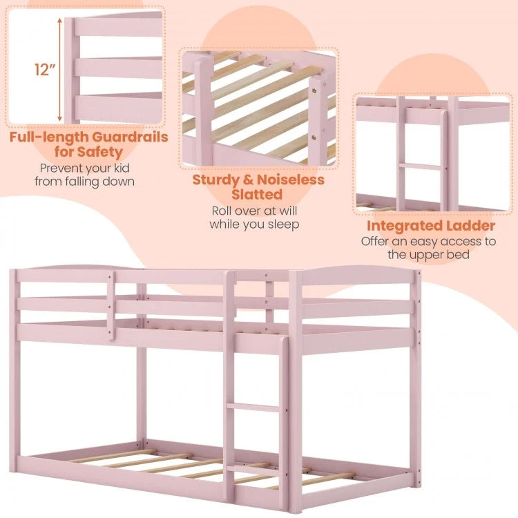 Sturdy Twin Size Bunk Bed with High Safety Guardrails and Integrated Ladder - Pink