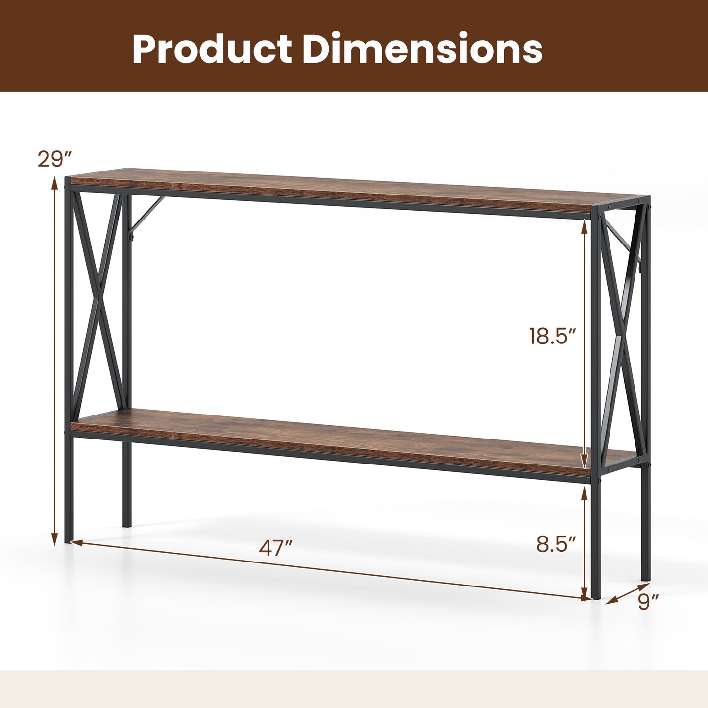 Slim 2-Tier Console Table with Storage Shelf for Entryway or Hallway