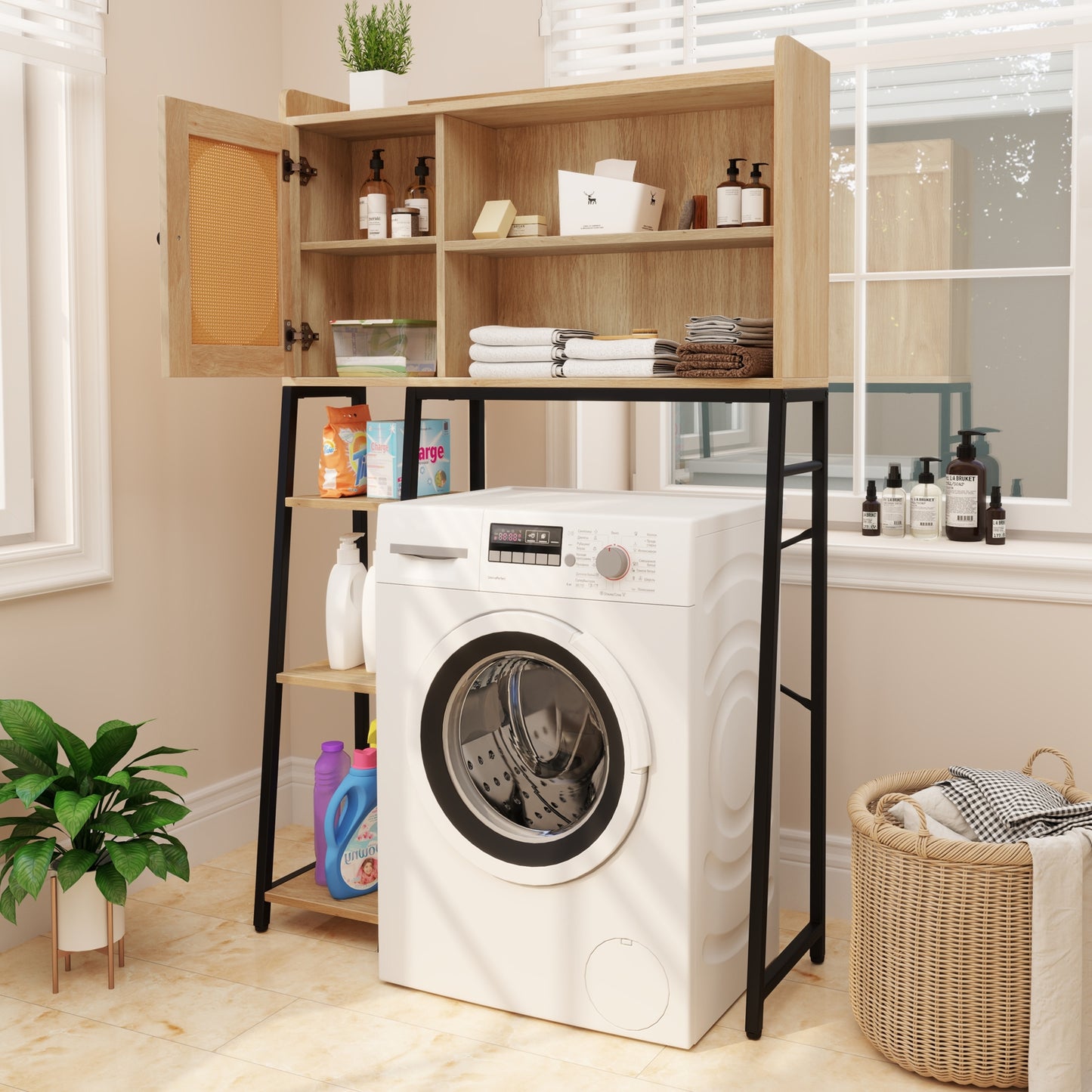 Elegant Over-The-Toilet Storage Cabinet with PE Rattan Door and Versatile Shelving