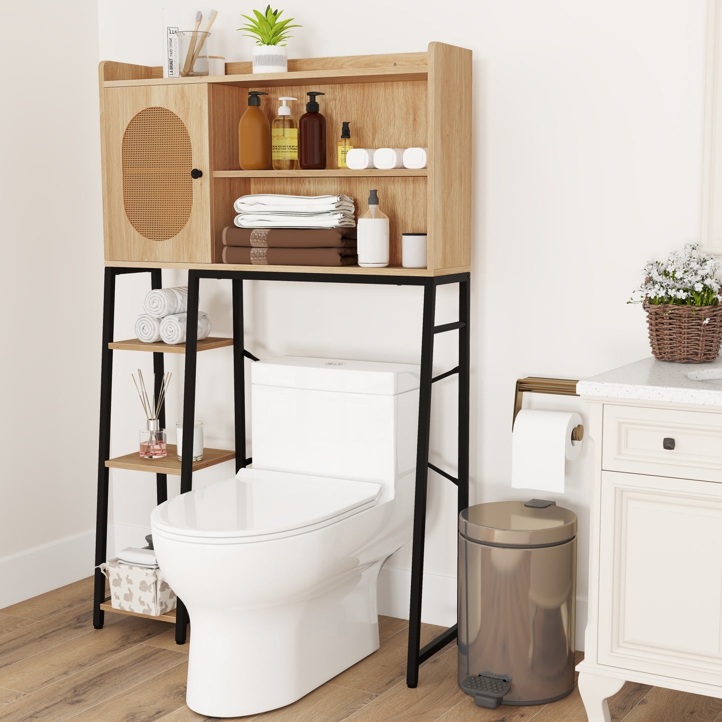 Elegant Over-The-Toilet Storage Cabinet with PE Rattan Door and Versatile Shelving