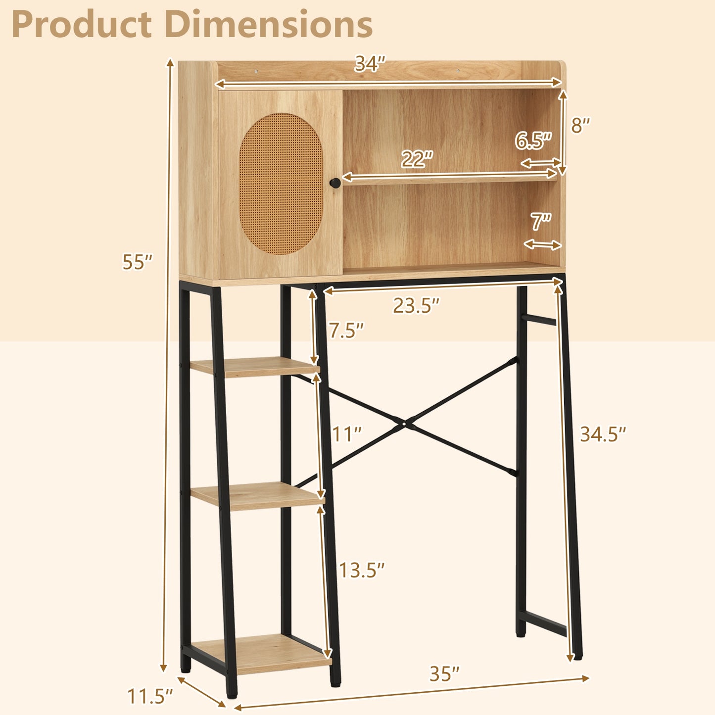 Elegant Over-The-Toilet Storage Cabinet with PE Rattan Door and Versatile Shelving