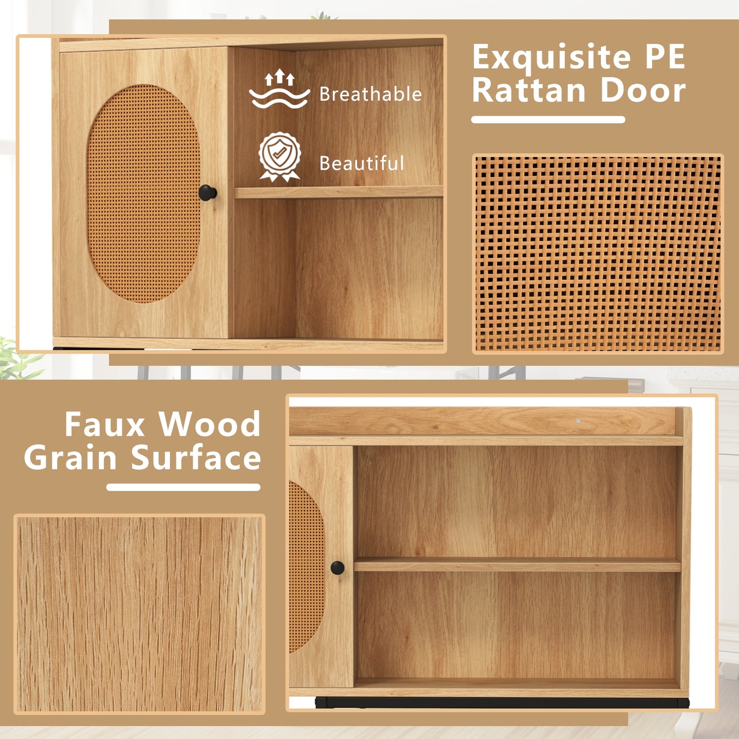 Elegant Over-The-Toilet Storage Cabinet with PE Rattan Door and Versatile Shelving