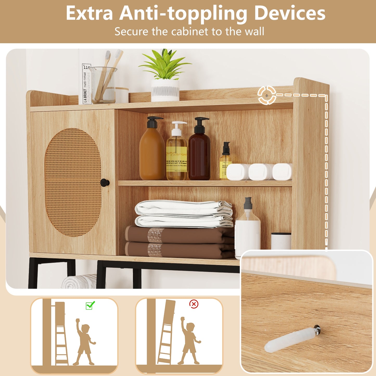 Elegant Over-The-Toilet Storage Cabinet with PE Rattan Door and Versatile Shelving