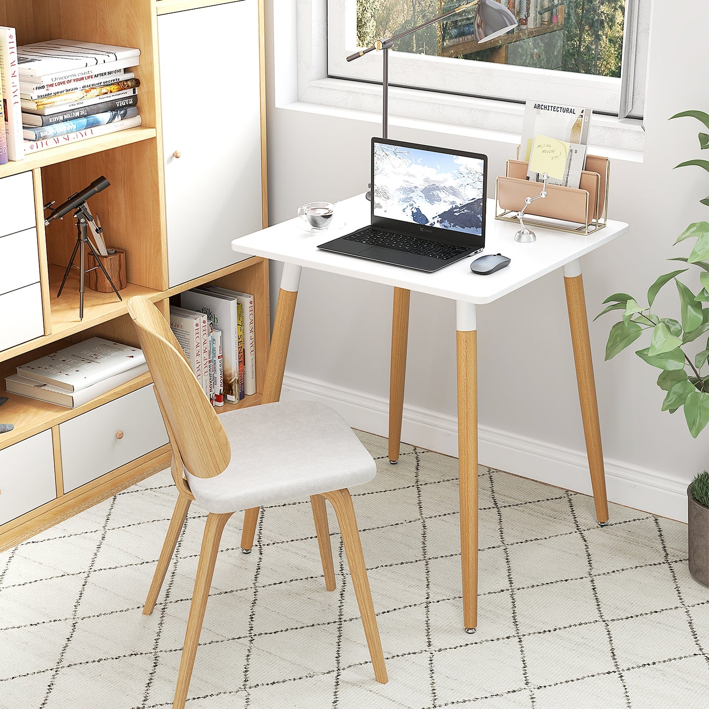 Modern Square Dining Table with Faux Wood Top and Metal Base for Small Spaces