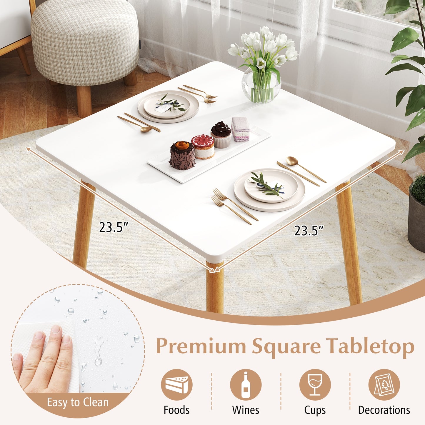 Modern Square Dining Table with Faux Wood Top and Metal Base for Small Spaces