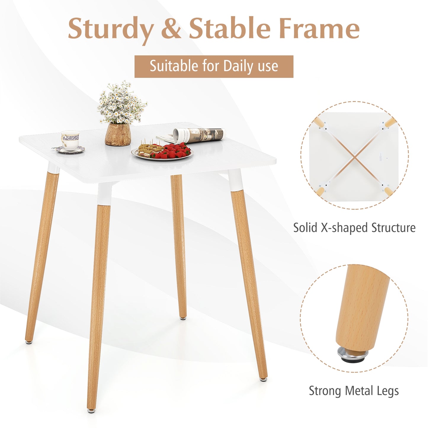 Modern Square Dining Table with Faux Wood Top and Metal Base for Small Spaces