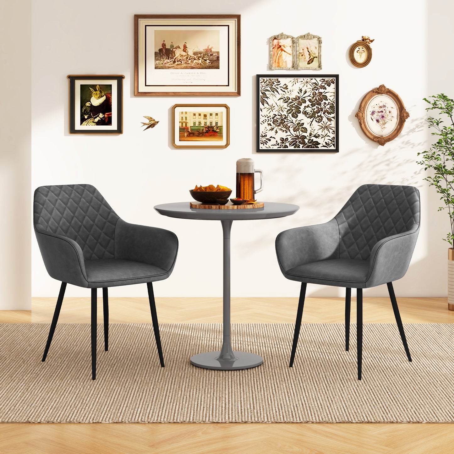 Comfortable Leisure Dining Chairs with Curved Backrest and Wide Seat - Grey, Set of 2