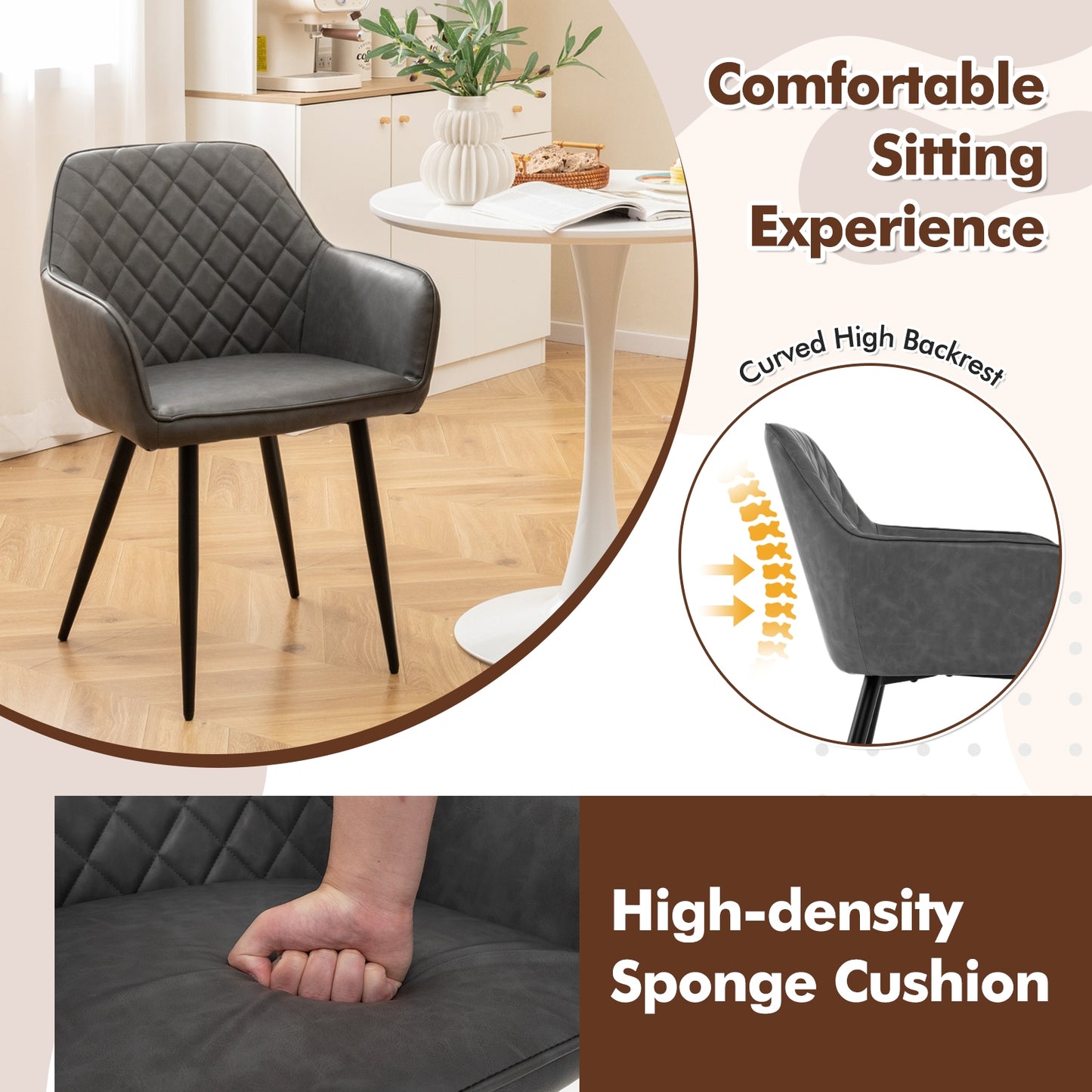 Comfortable Leisure Dining Chairs with Curved Backrest and Wide Seat - Grey, Set of 2
