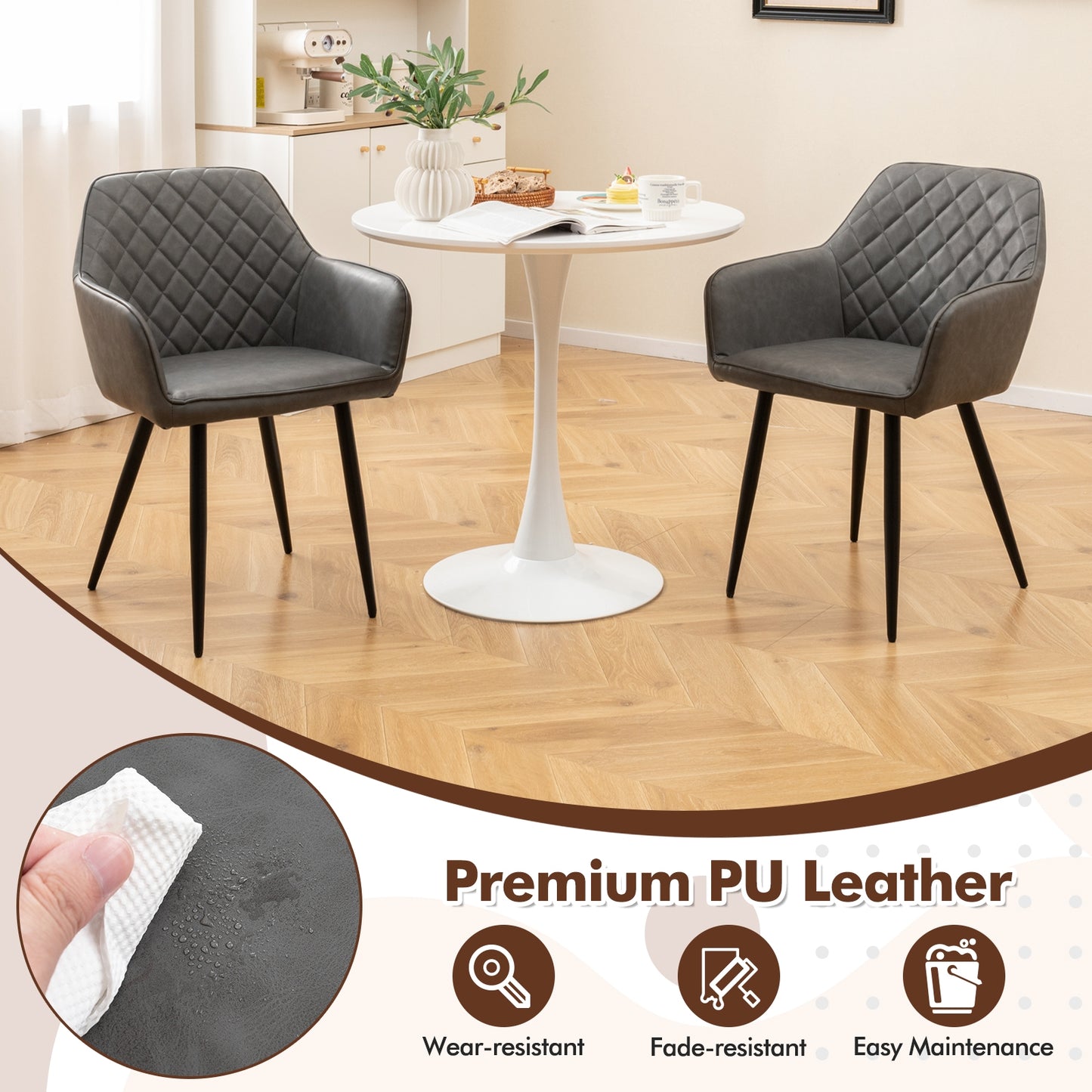 Comfortable Leisure Dining Chairs with Curved Backrest and Wide Seat - Grey, Set of 2