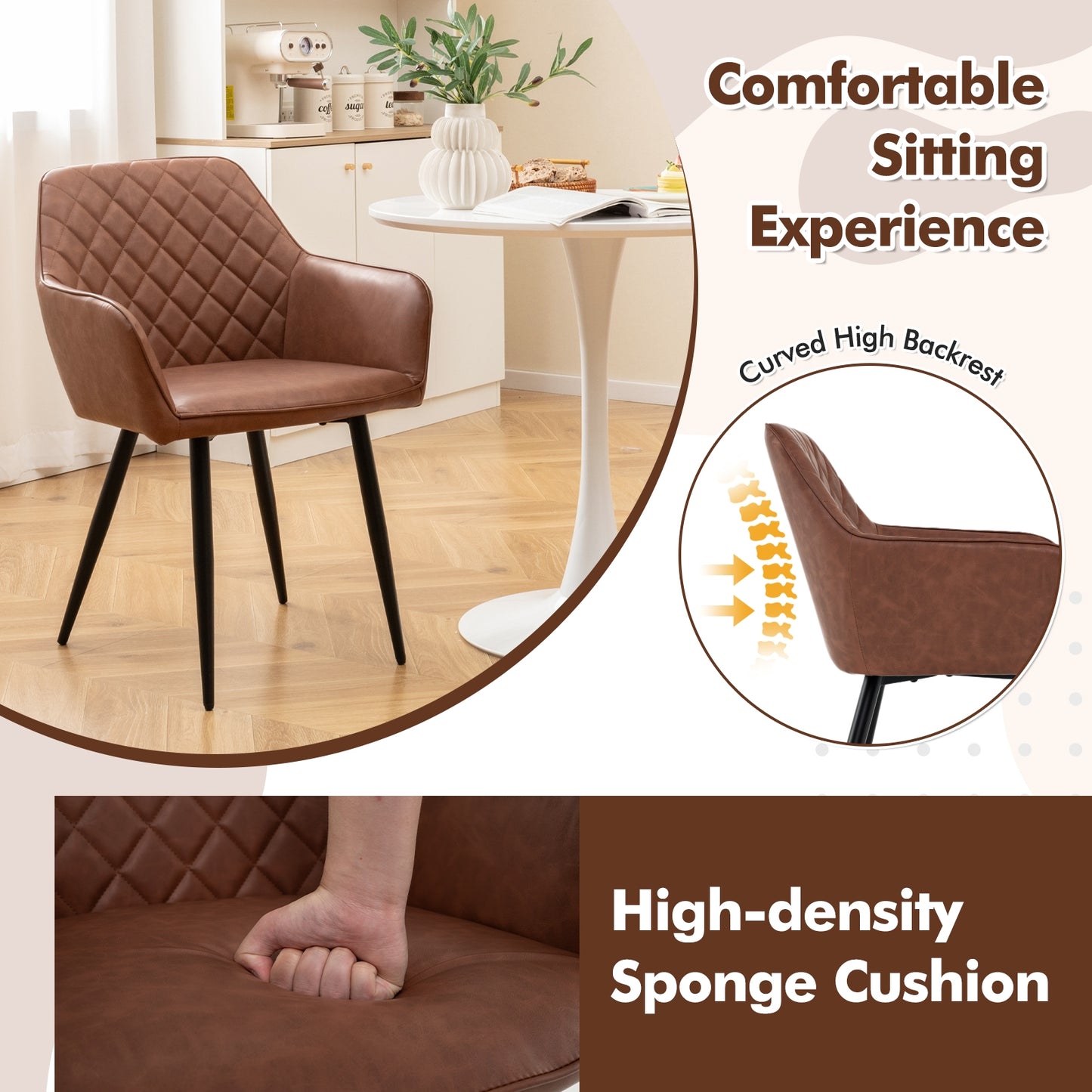 Comfortable Leisure Dining Chairs with Curved Backrest and Wide Seat - Coffee, Set of 2