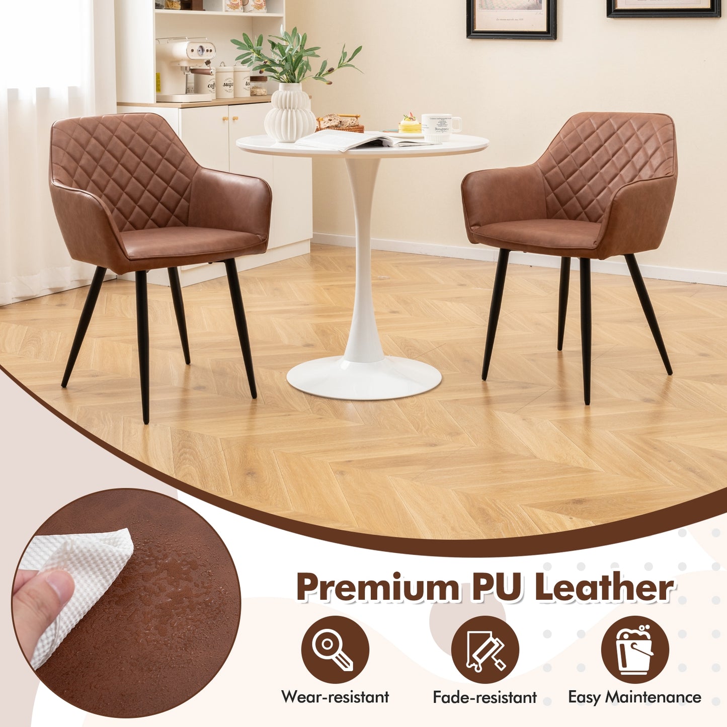 Comfortable Leisure Dining Chairs with Curved Backrest and Wide Seat - Coffee, Set of 2