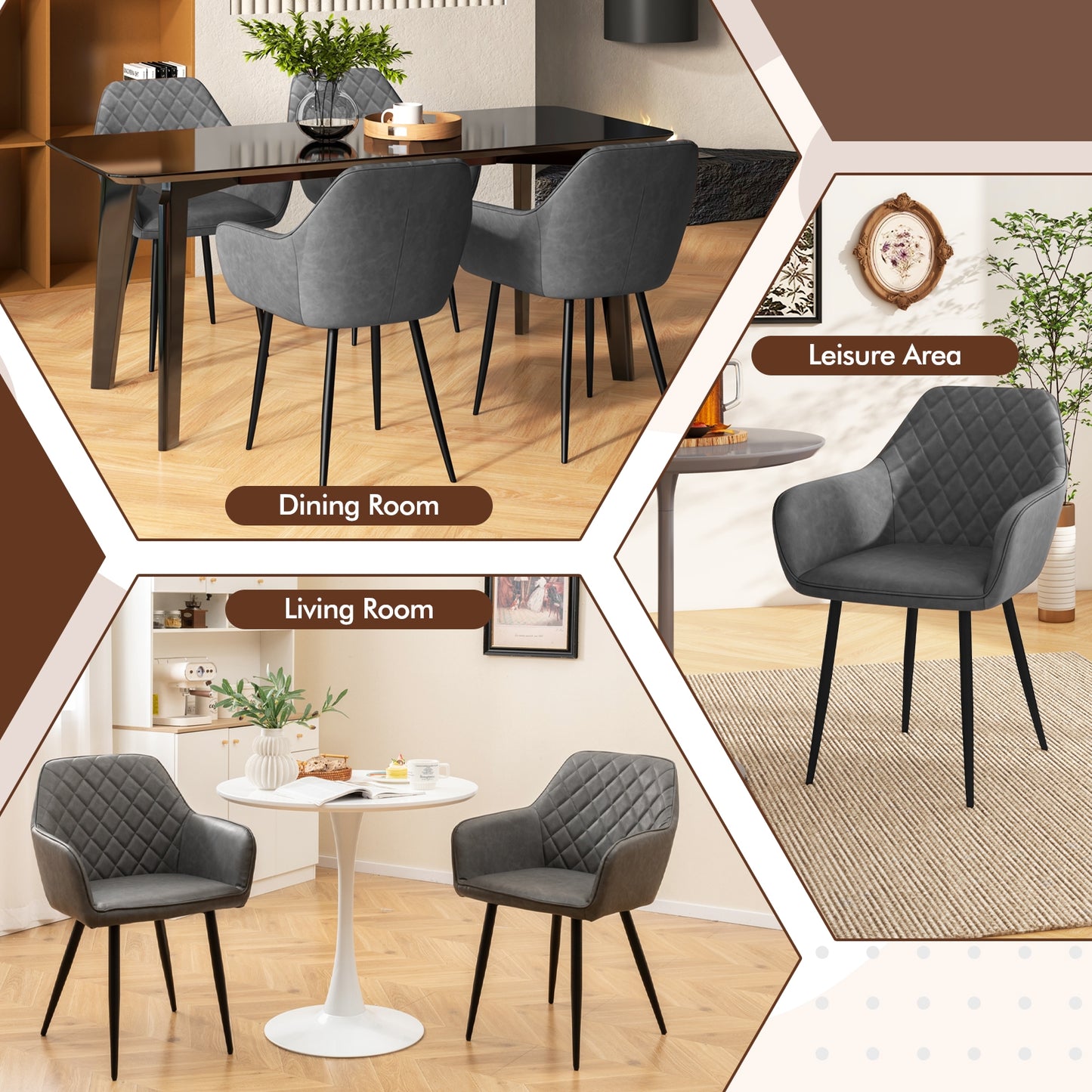 Comfortable Leisure Dining Chairs with Curved Backrest and Wide Seat - Grey, Set of 2