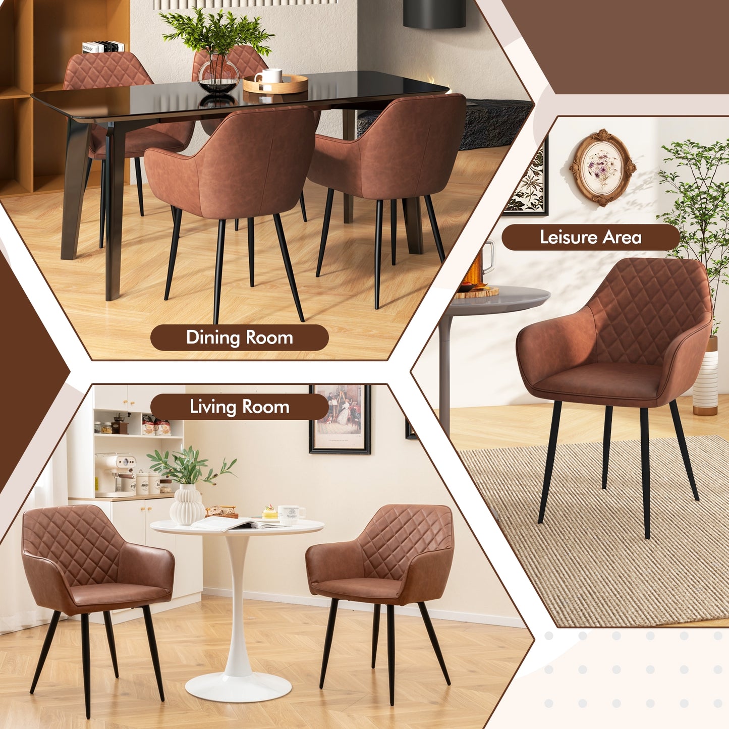 Comfortable Leisure Dining Chairs with Curved Backrest and Wide Seat - Coffee, Set of 2