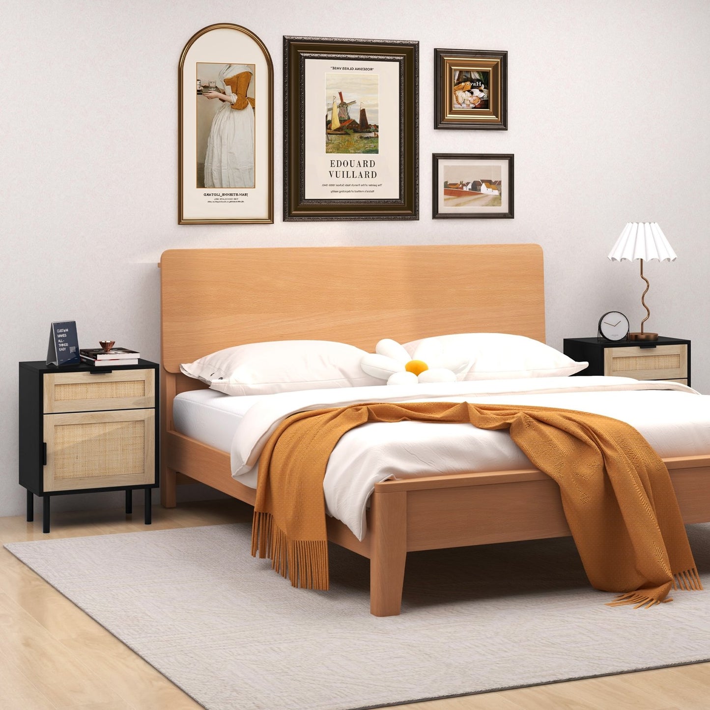 Set of 2 Rattan Nightstands with Drawer and Cabinet in Black and Natural Finish