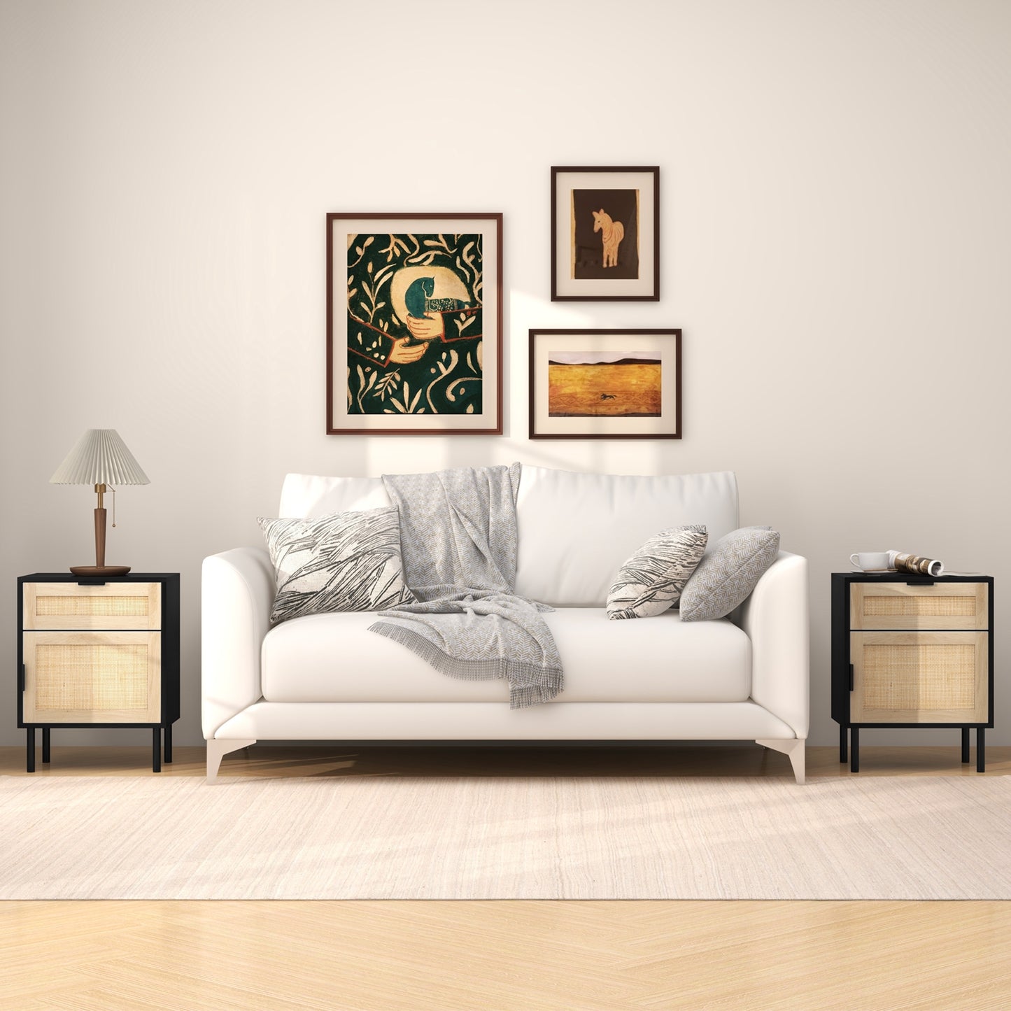 Set of 2 Rattan Nightstands with Drawer and Cabinet in Black and Natural Finish