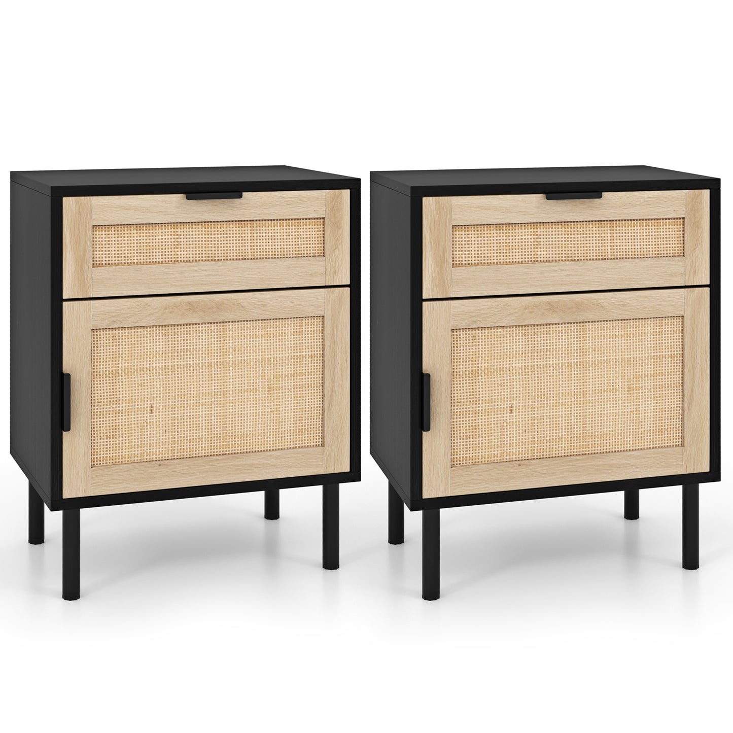 Set of 2 Rattan Nightstands with Drawer and Cabinet in Black and Natural Finish