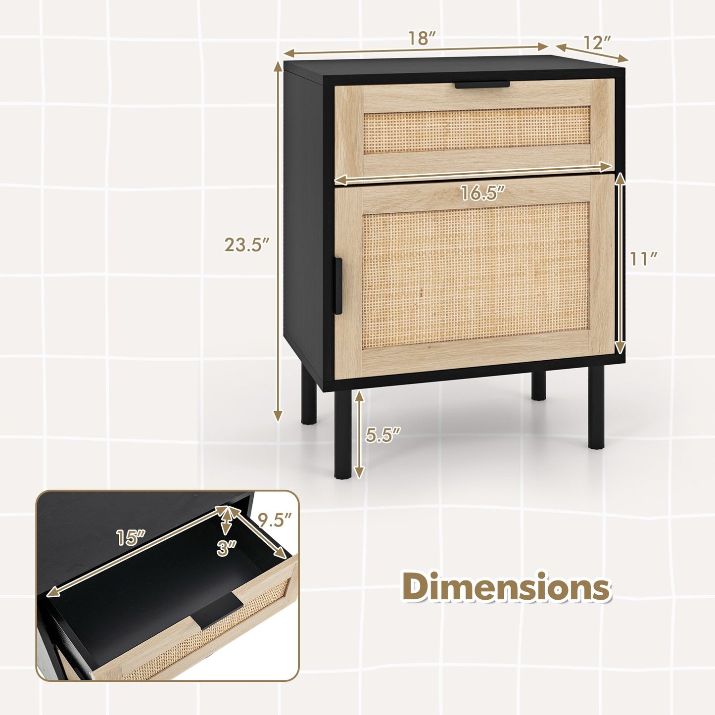 Set of 2 Rattan Nightstands with Drawer and Cabinet in Black and Natural Finish