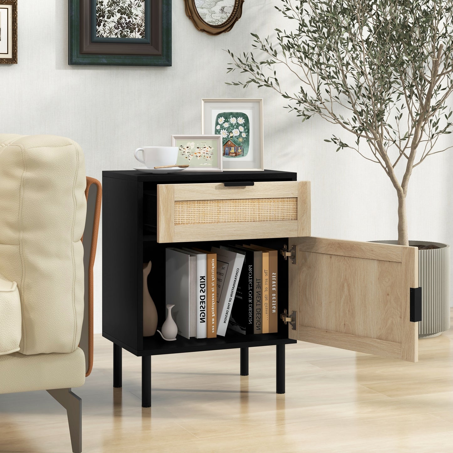 Set of 2 Rattan Nightstands with Drawer and Cabinet in Black and Natural Finish