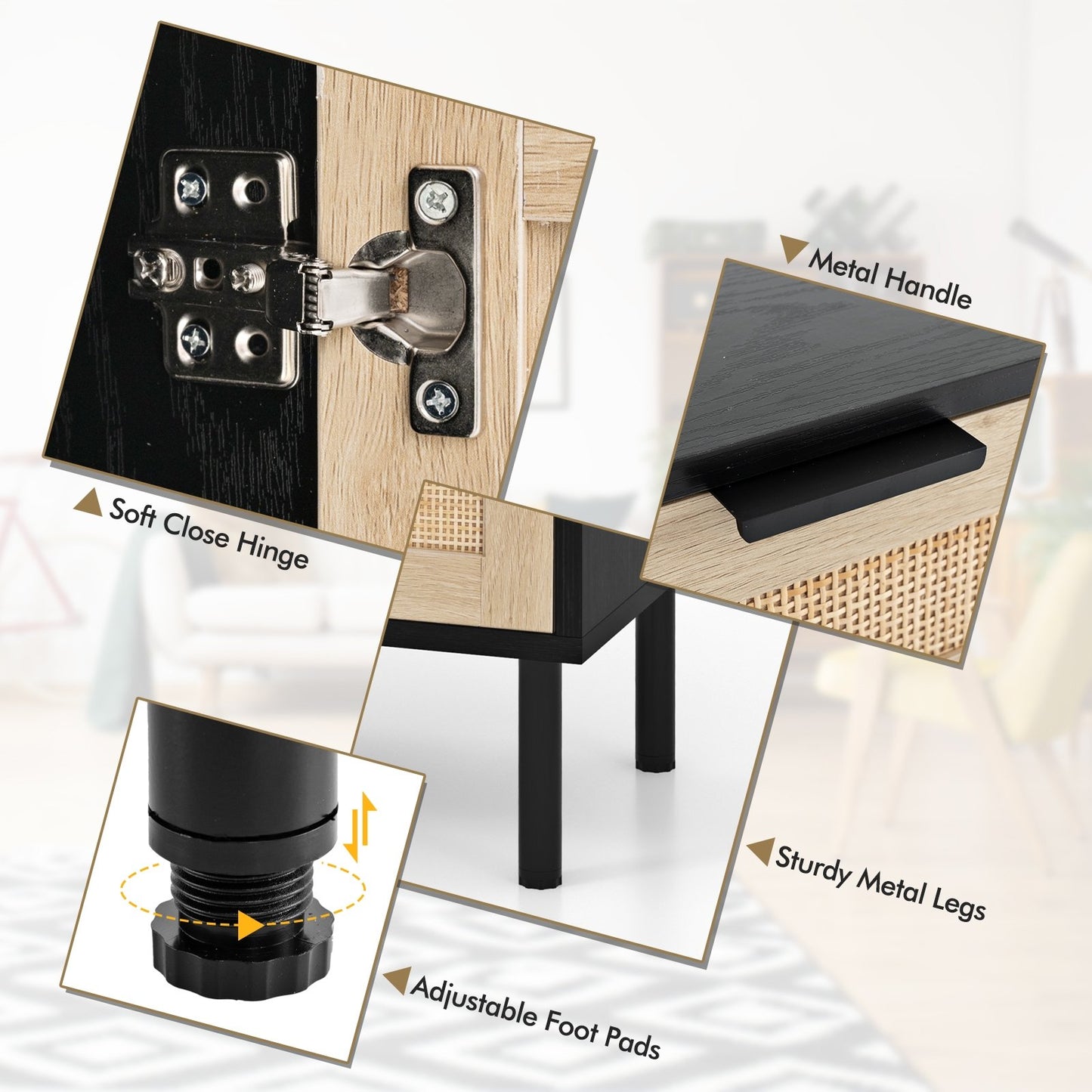 Set of 2 Rattan Nightstands with Drawer and Cabinet in Black and Natural Finish