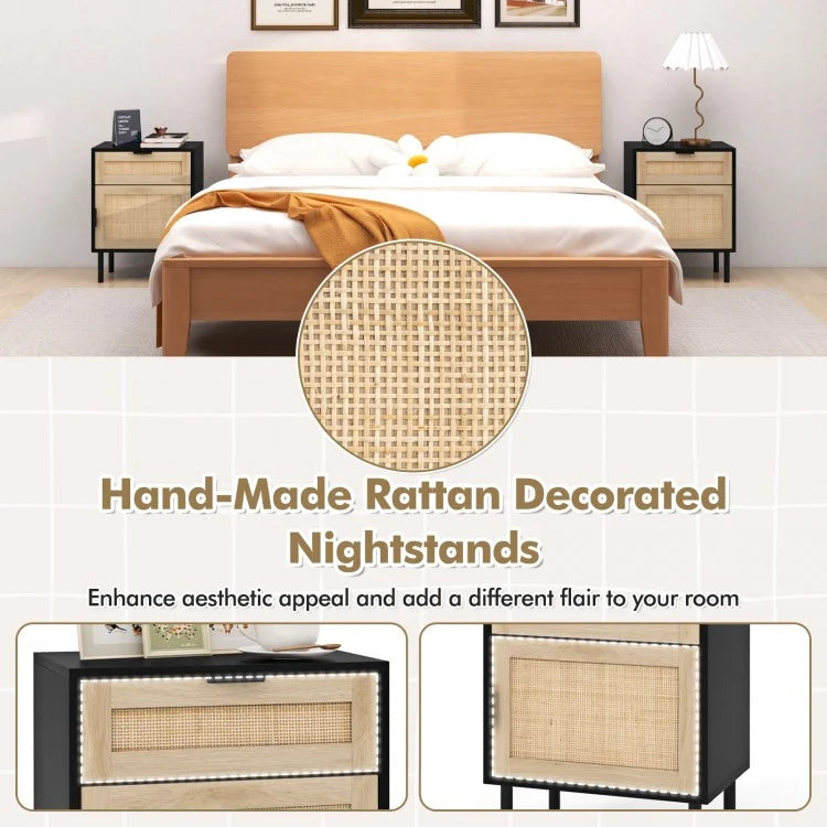 Set of 2 Rattan Nightstands with Drawer and Cabinet in Black and Natural Finish