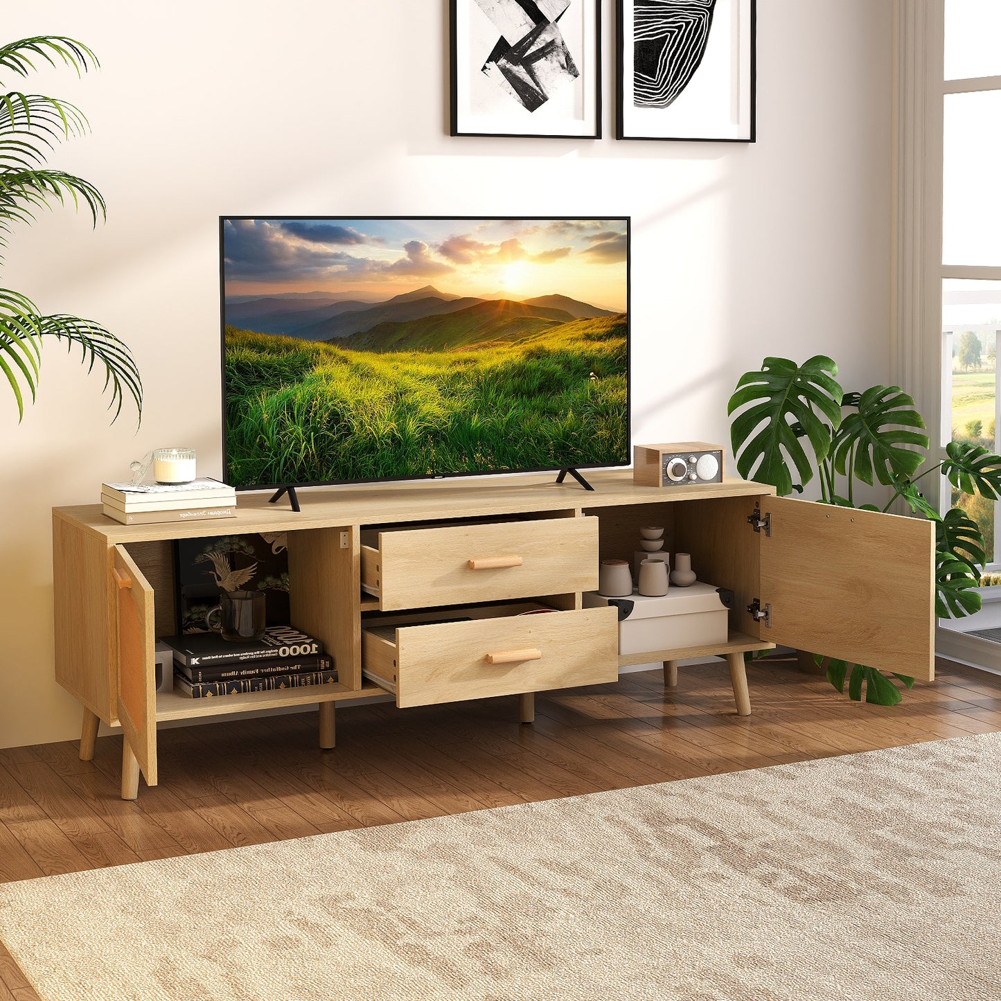 Boho Rattan TV Stand with Drawers and Solid Wood Legs for TVs up to 65 Inches