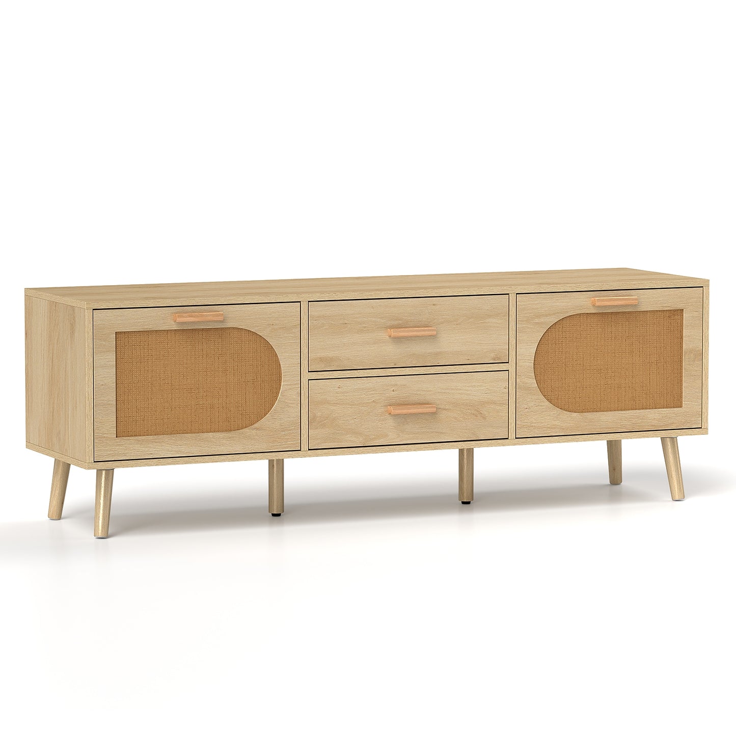 Boho Rattan TV Stand with Drawers and Solid Wood Legs for TVs up to 65 Inches