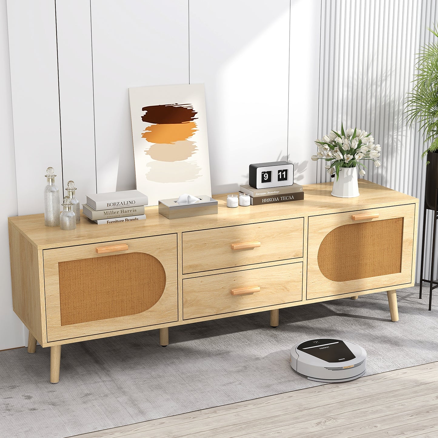 Boho Rattan TV Stand with Drawers and Solid Wood Legs for TVs up to 65 Inches