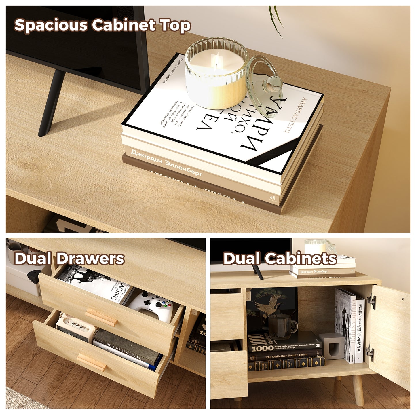 Boho Rattan TV Stand with Drawers and Solid Wood Legs for TVs up to 65 Inches