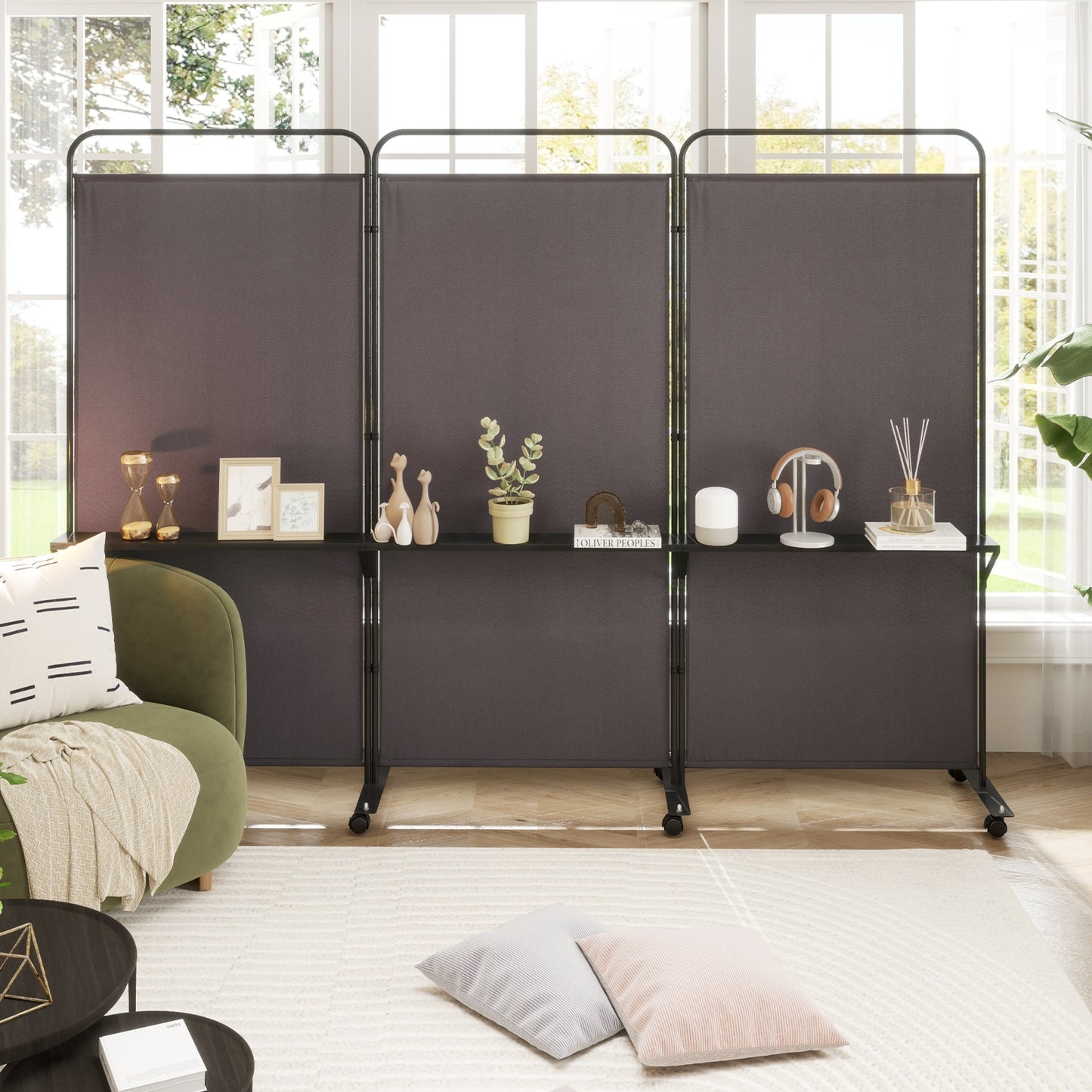 3-Panel Rolling Privacy Screen with 3 Metal Shelves and 180° Swivel Hinges - Brown
