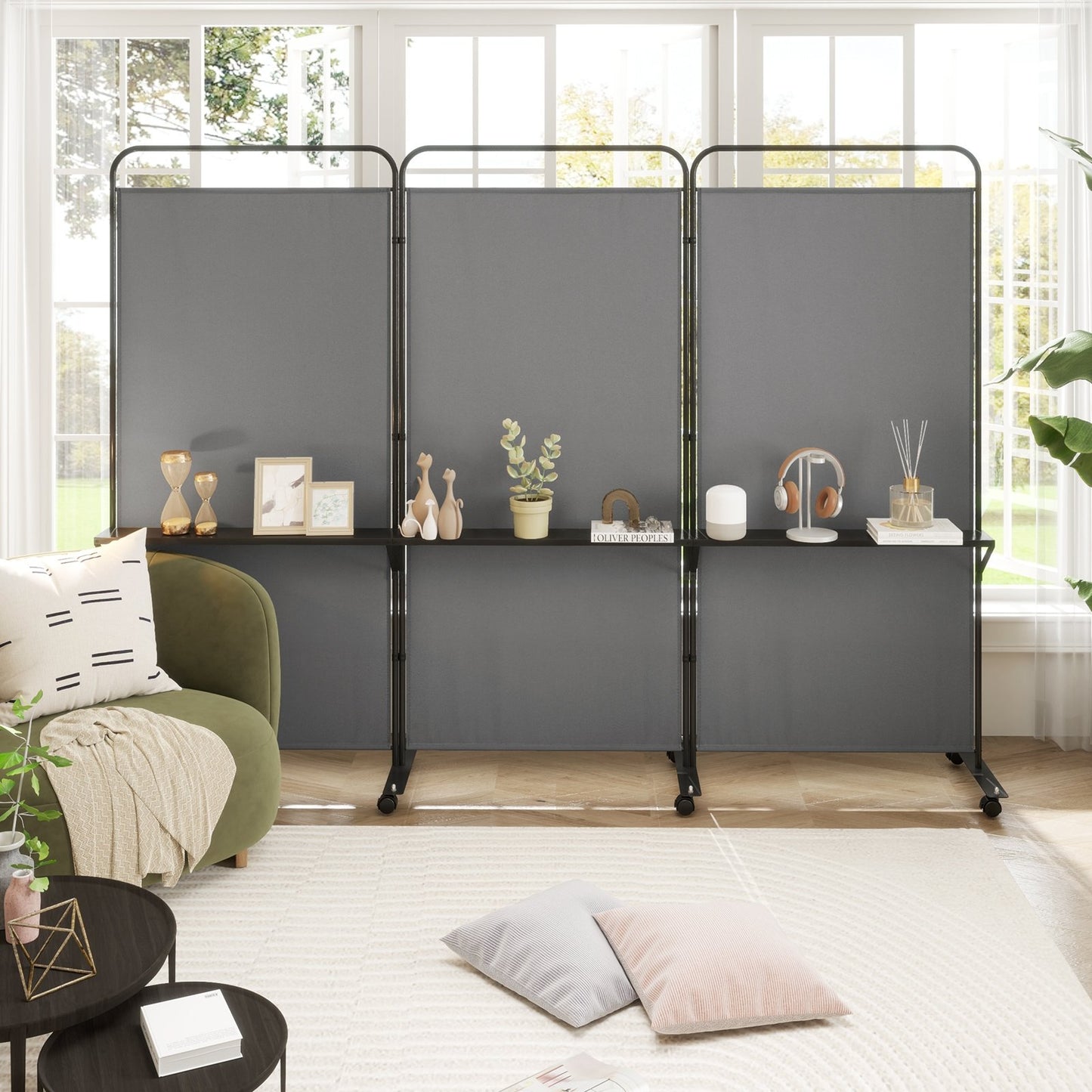 3-Panel Rolling Privacy Screen with 3 Metal Shelves and 180° Swivel Hinges - Grey