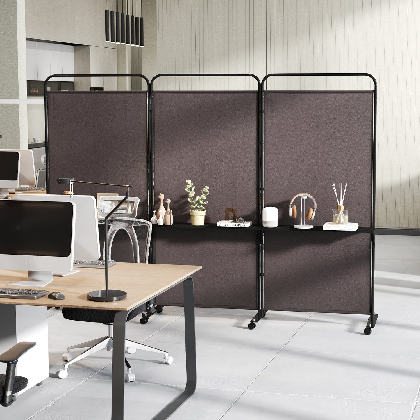 3-Panel Rolling Privacy Screen with 3 Metal Shelves and 180° Swivel Hinges - Brown