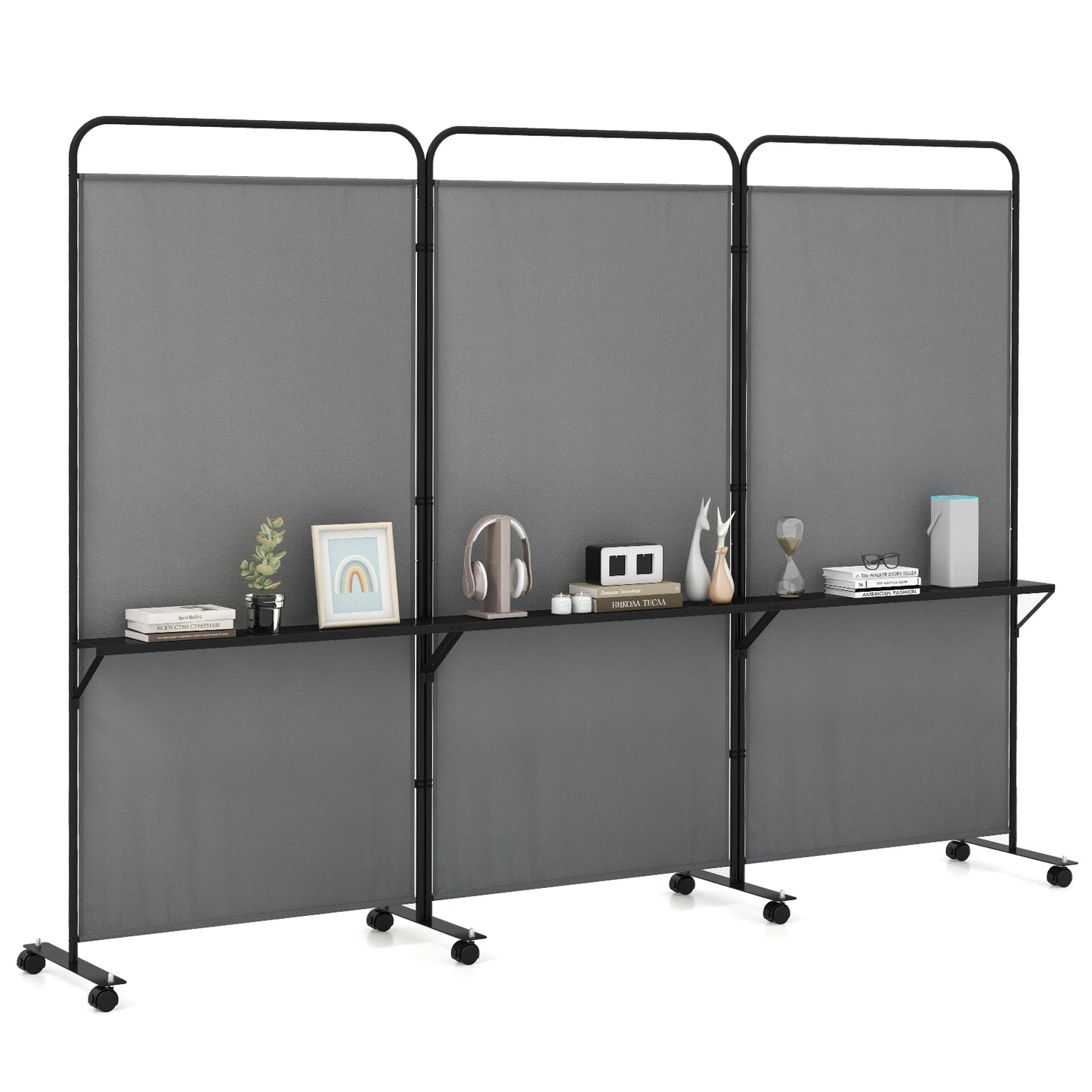 3-Panel Rolling Privacy Screen with 3 Metal Shelves and 180° Swivel Hinges - Grey