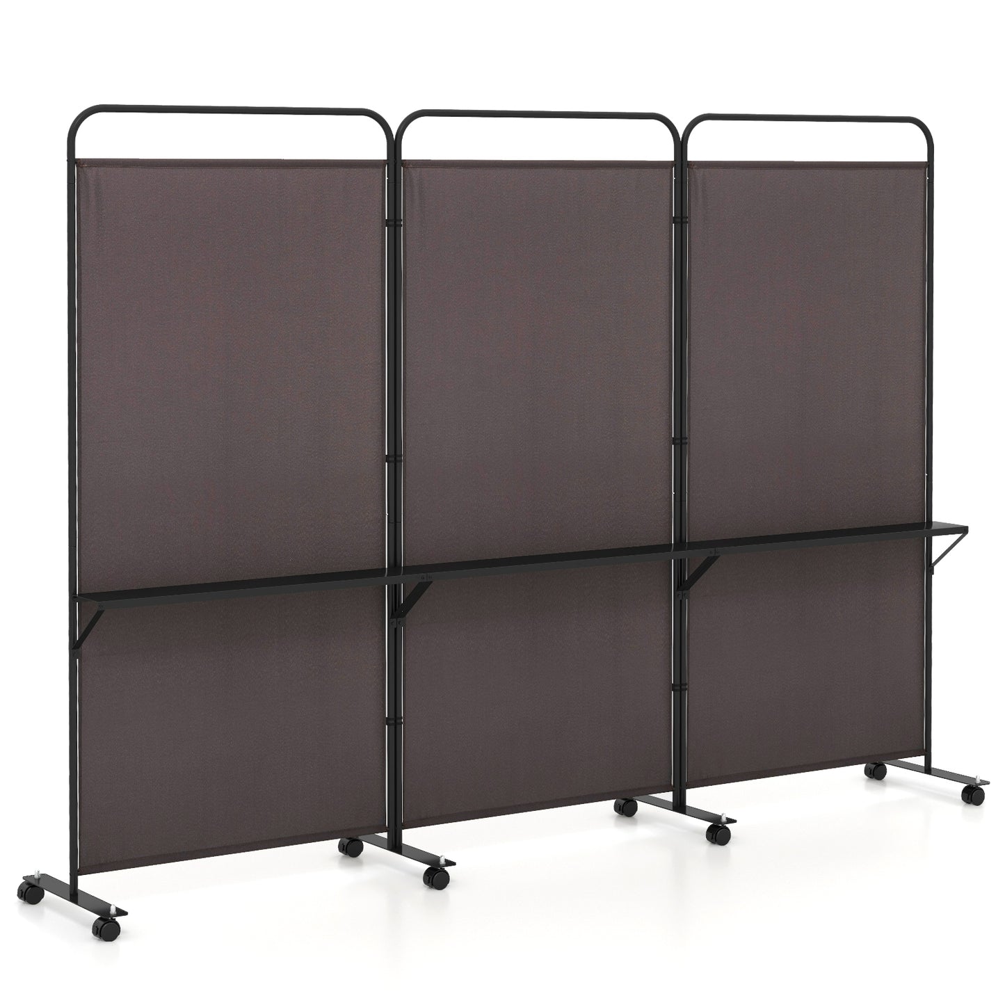 3-Panel Rolling Privacy Screen with 3 Metal Shelves and 180° Swivel Hinges - Brown