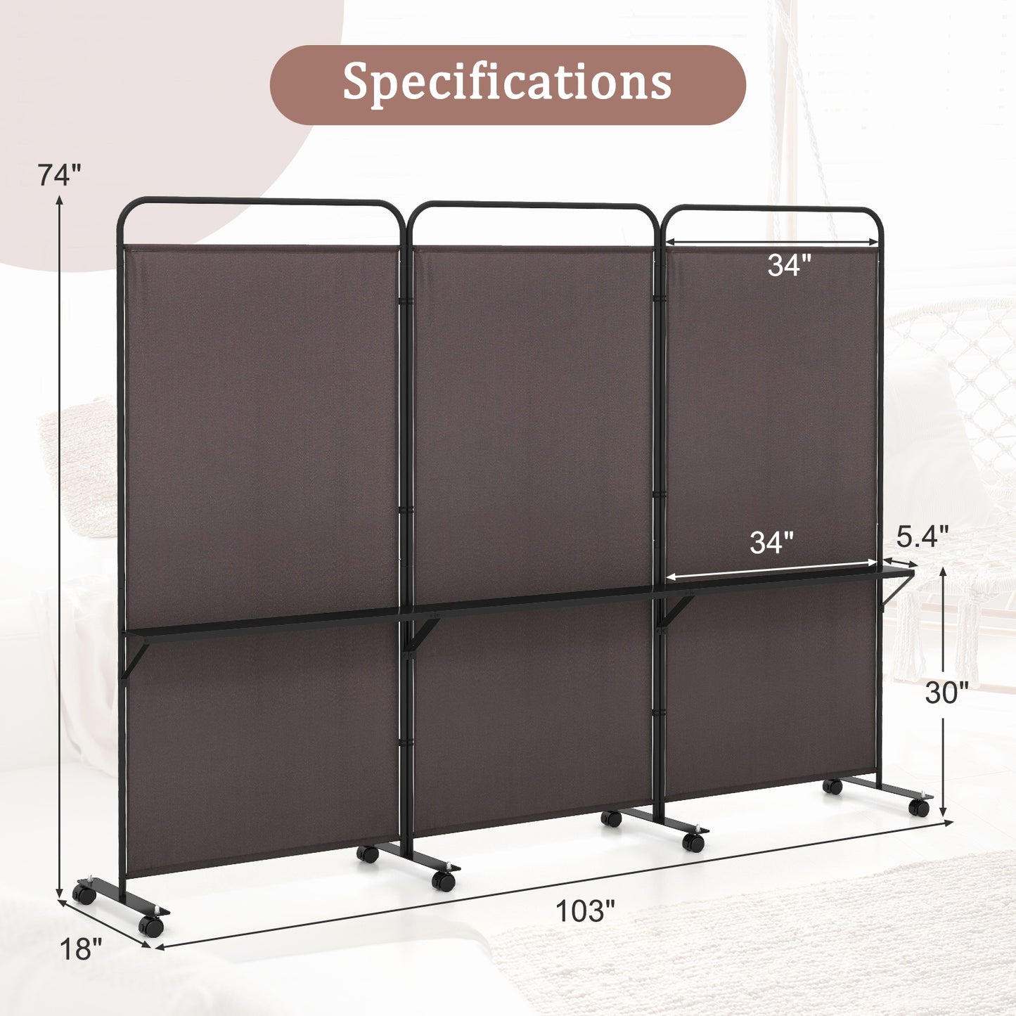 3-Panel Rolling Privacy Screen with 3 Metal Shelves and 180° Swivel Hinges - Brown