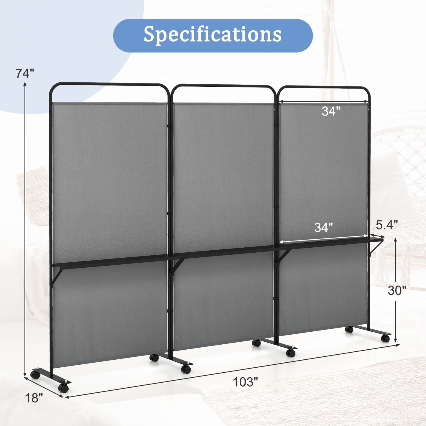 3-Panel Rolling Privacy Screen with 3 Metal Shelves and 180° Swivel Hinges - Grey