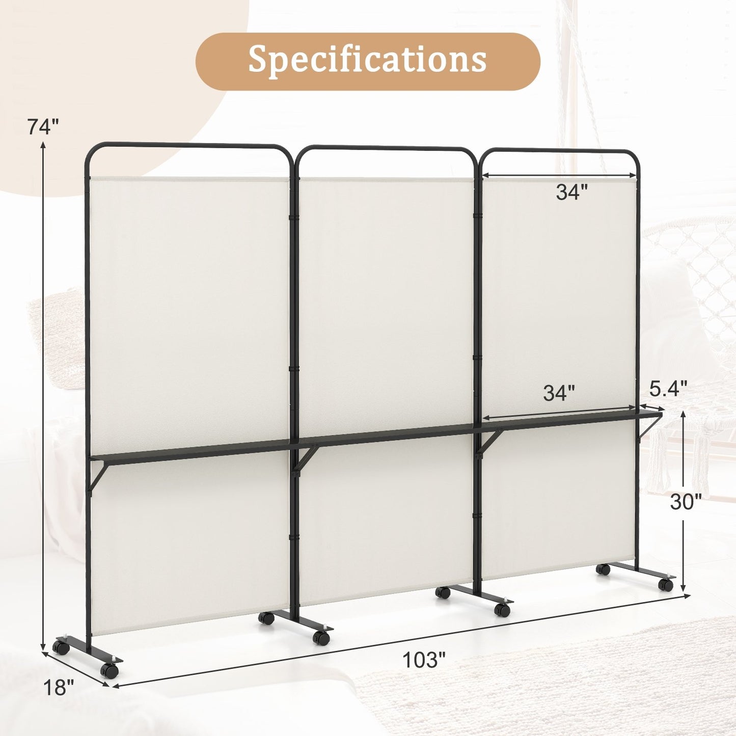 3-Panel Rolling Privacy Screen with 3 Metal Shelves and 180° Swivel Hinges - Beige