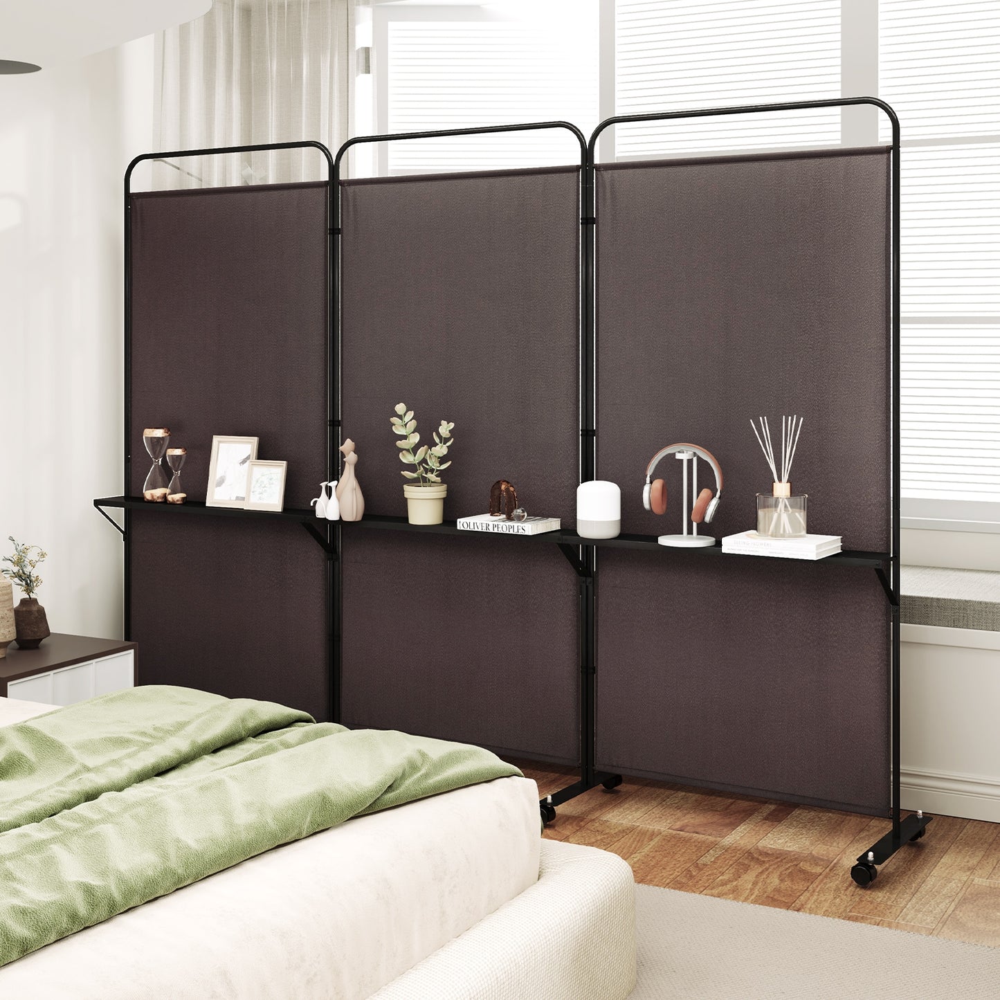 3-Panel Rolling Privacy Screen with 3 Metal Shelves and 180° Swivel Hinges - Brown