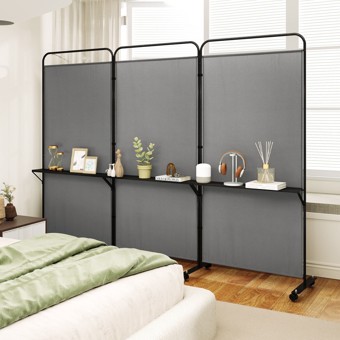 3-Panel Rolling Privacy Screen with 3 Metal Shelves and 180° Swivel Hinges - Grey